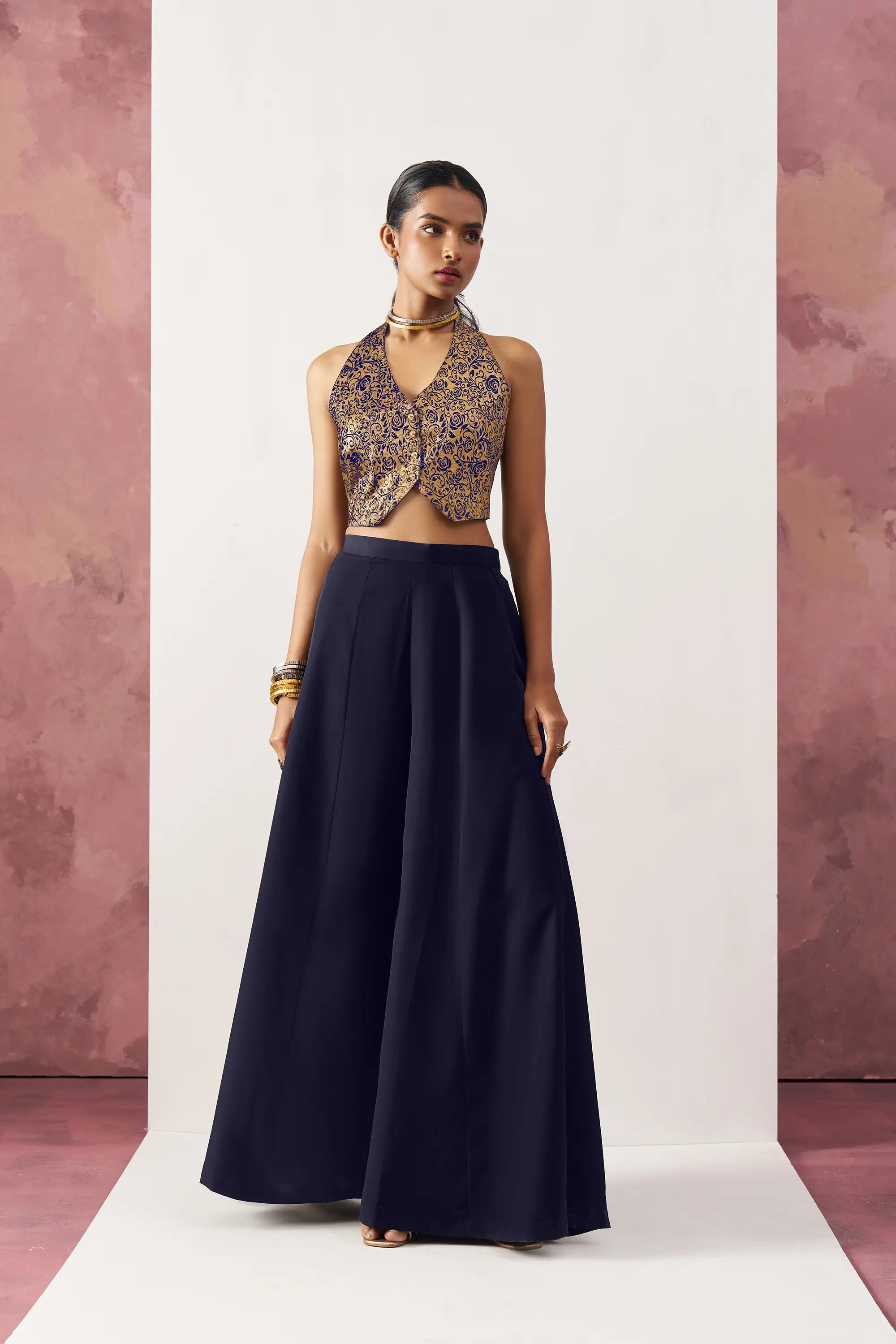 Navy Blue Jacquard Waistcoat And Palazzo Indo Western Co-ord Set - qivii