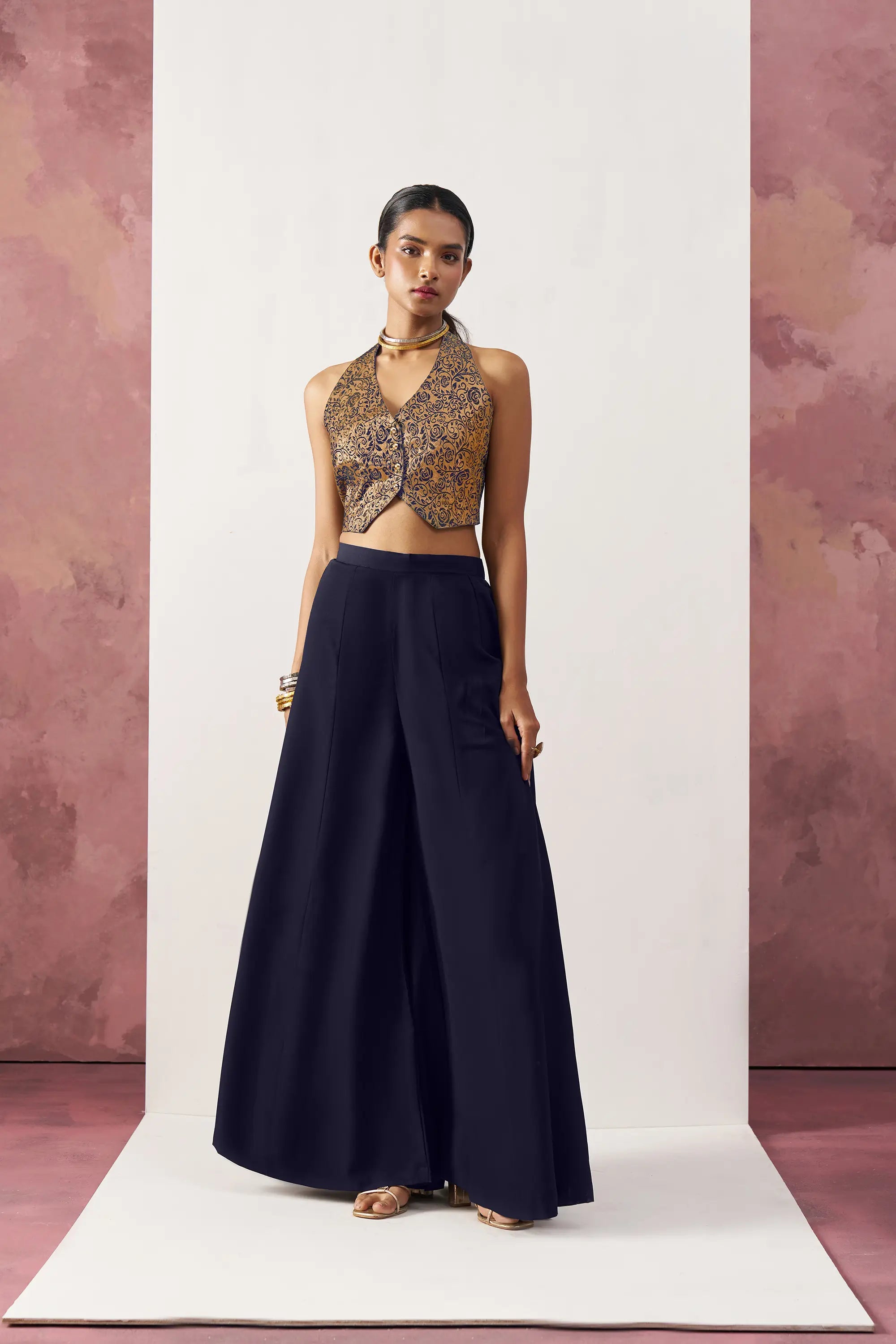 Navy Blue Jacquard Waistcoat And Palazzo Indo Western Co-ord Set - qivii