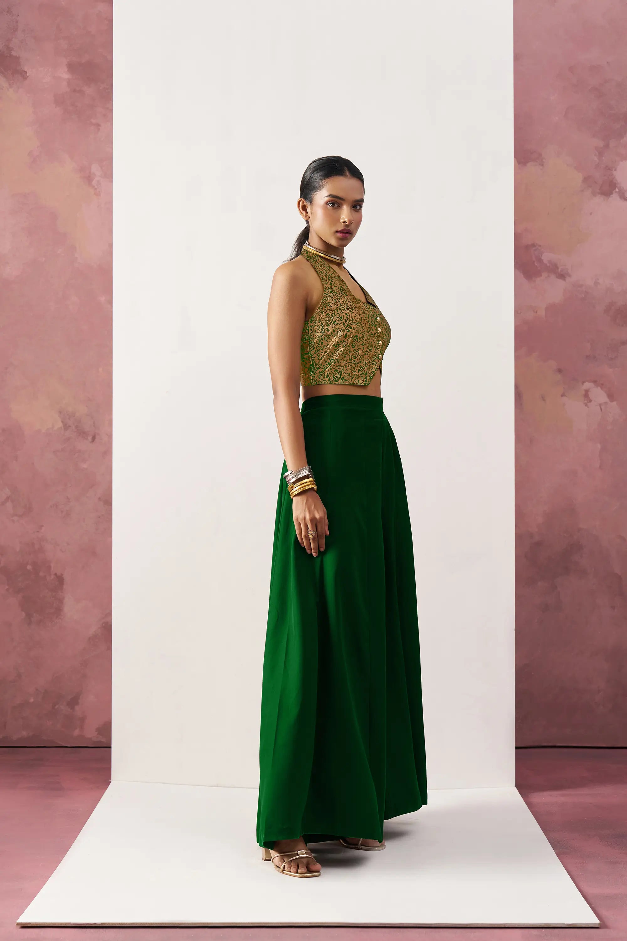 Green Jacquard Waistcoat And Palazzo Indo Western Co-ord Set - qivii