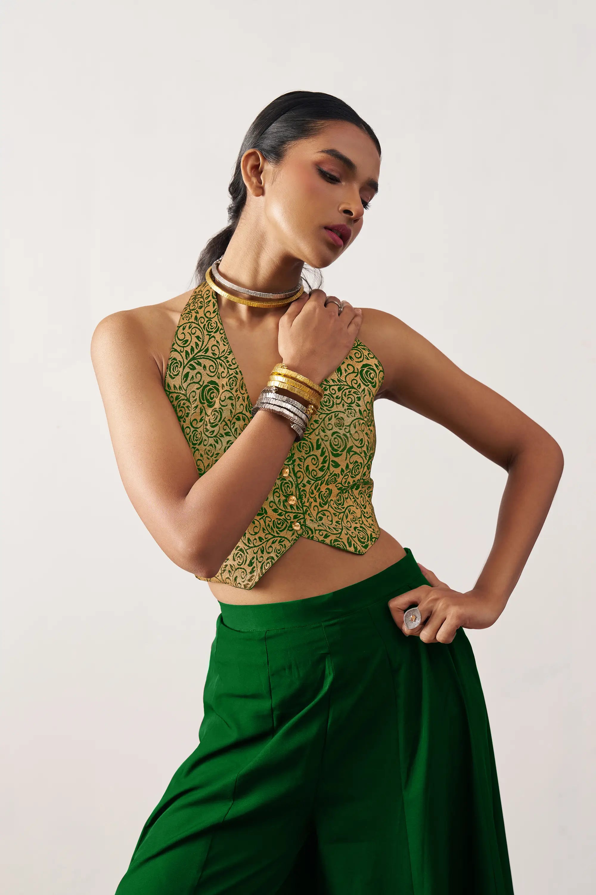 Green Jacquard Waistcoat And Palazzo Indo Western Co-ord Set - qivii