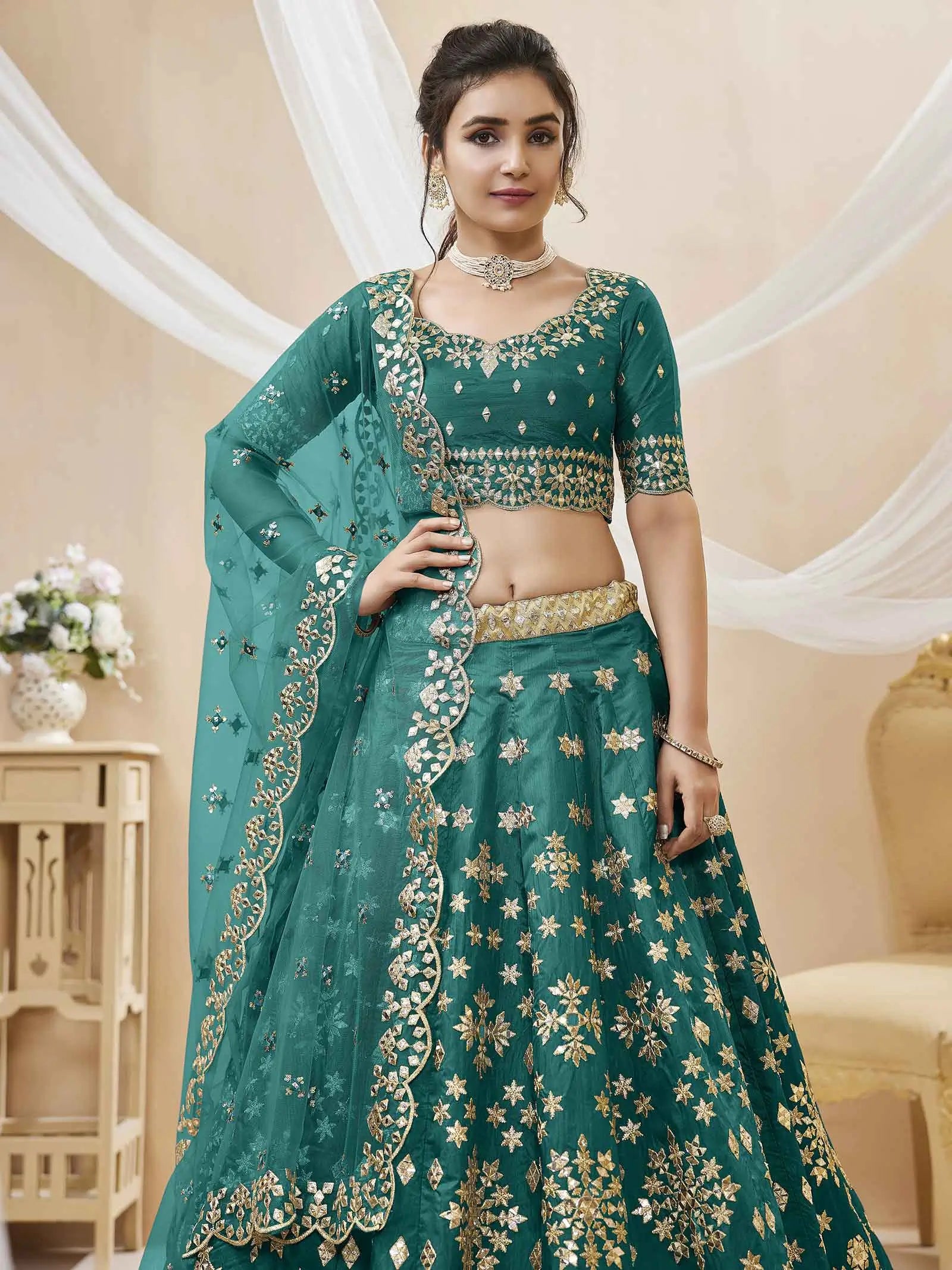 Green Art Silk lehenga With Sequins Zari Embroidered Work | Ready To Wear - qivii