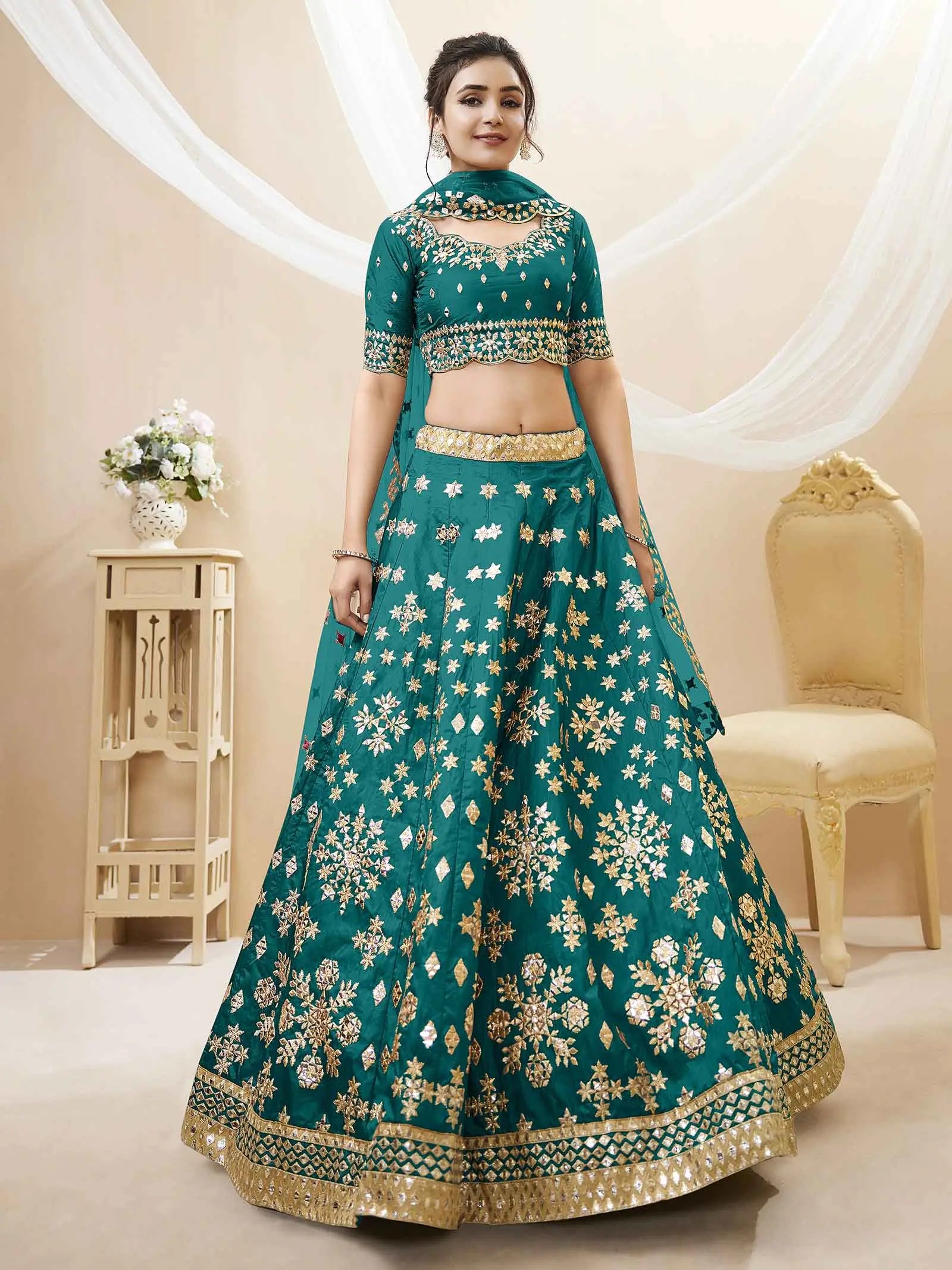 Green Art Silk lehenga With Sequins Zari Embroidered Work | Ready To Wear - qivii