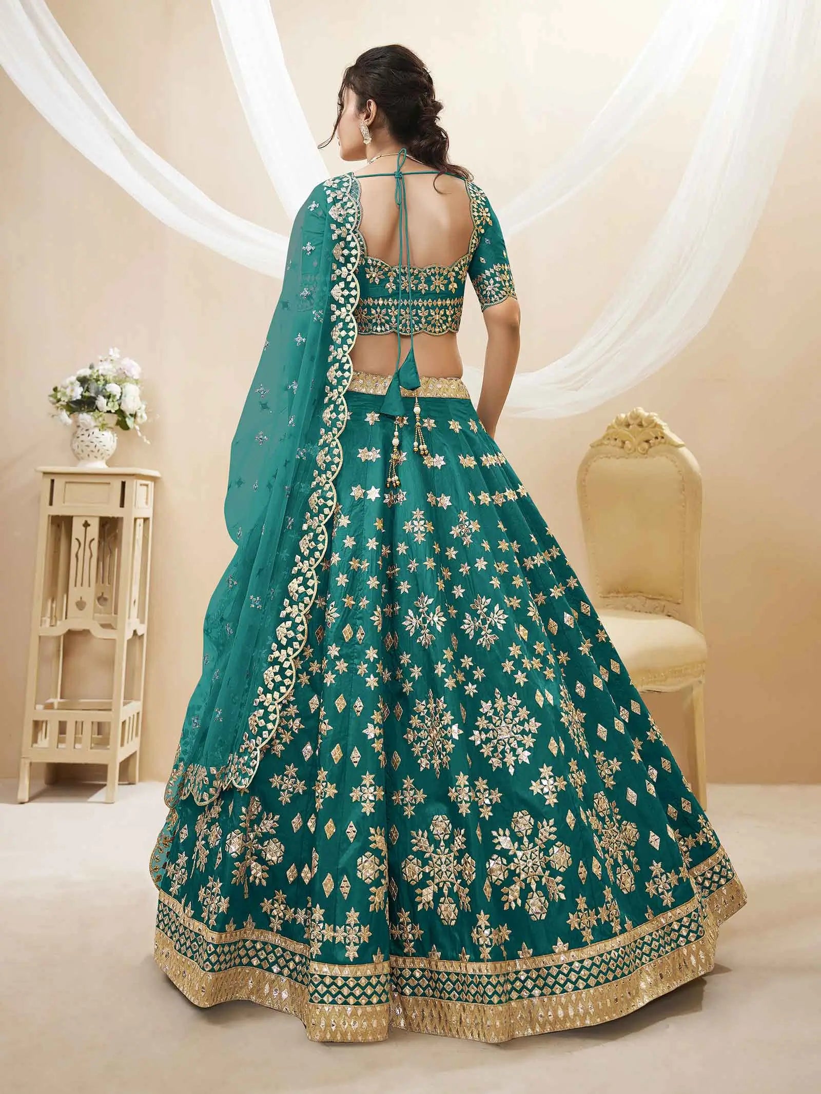 Green Art Silk lehenga With Sequins Zari Embroidered Work | Ready To Wear - qivii