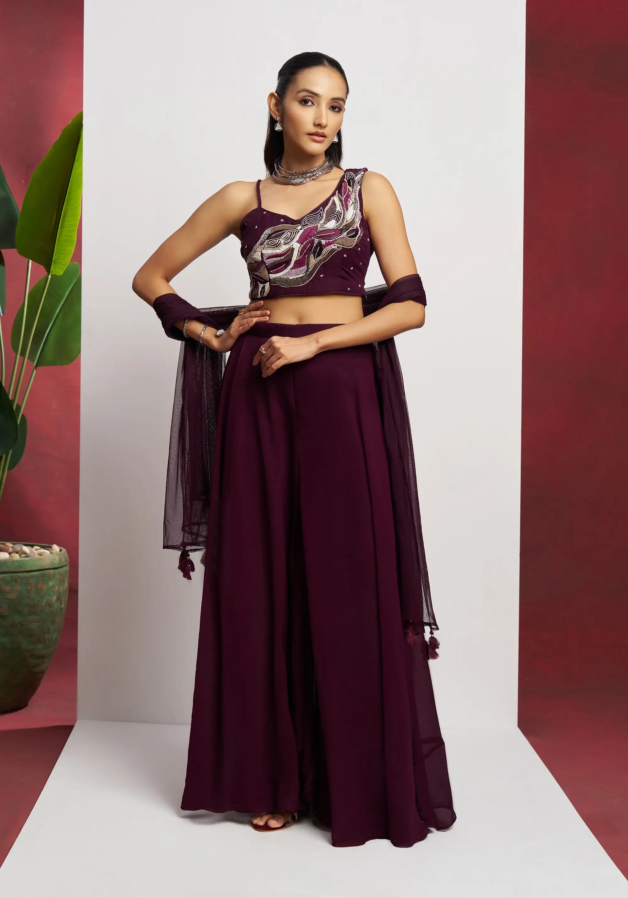 Wine Hand Work Party wear Indo Western Sharara Set With Dupatta - qivii