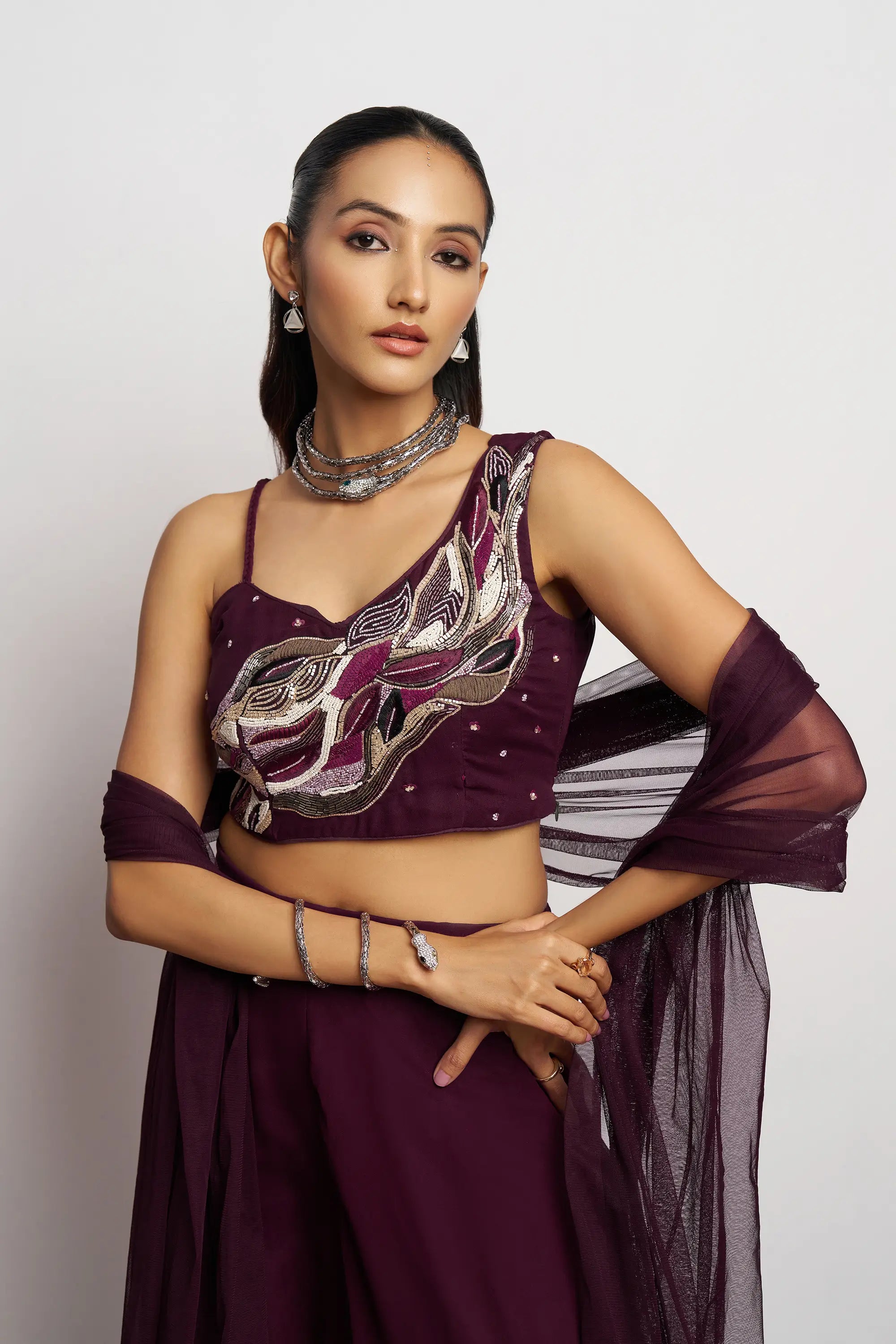Wine Hand Work Party wear Indo Western Sharara Set With Dupatta - qivii