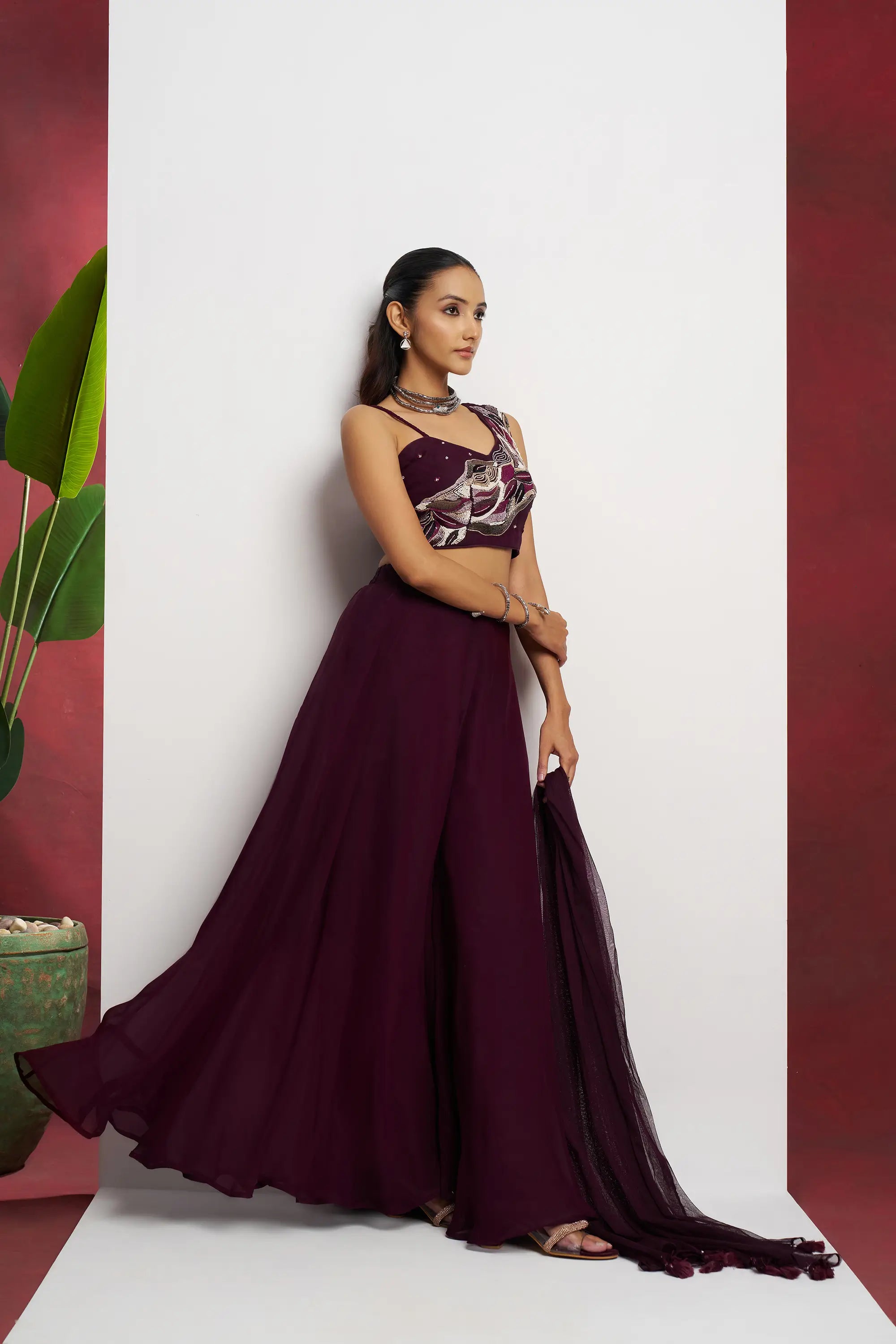 Wine Hand Work Party wear Indo Western Sharara Set With Dupatta - qivii