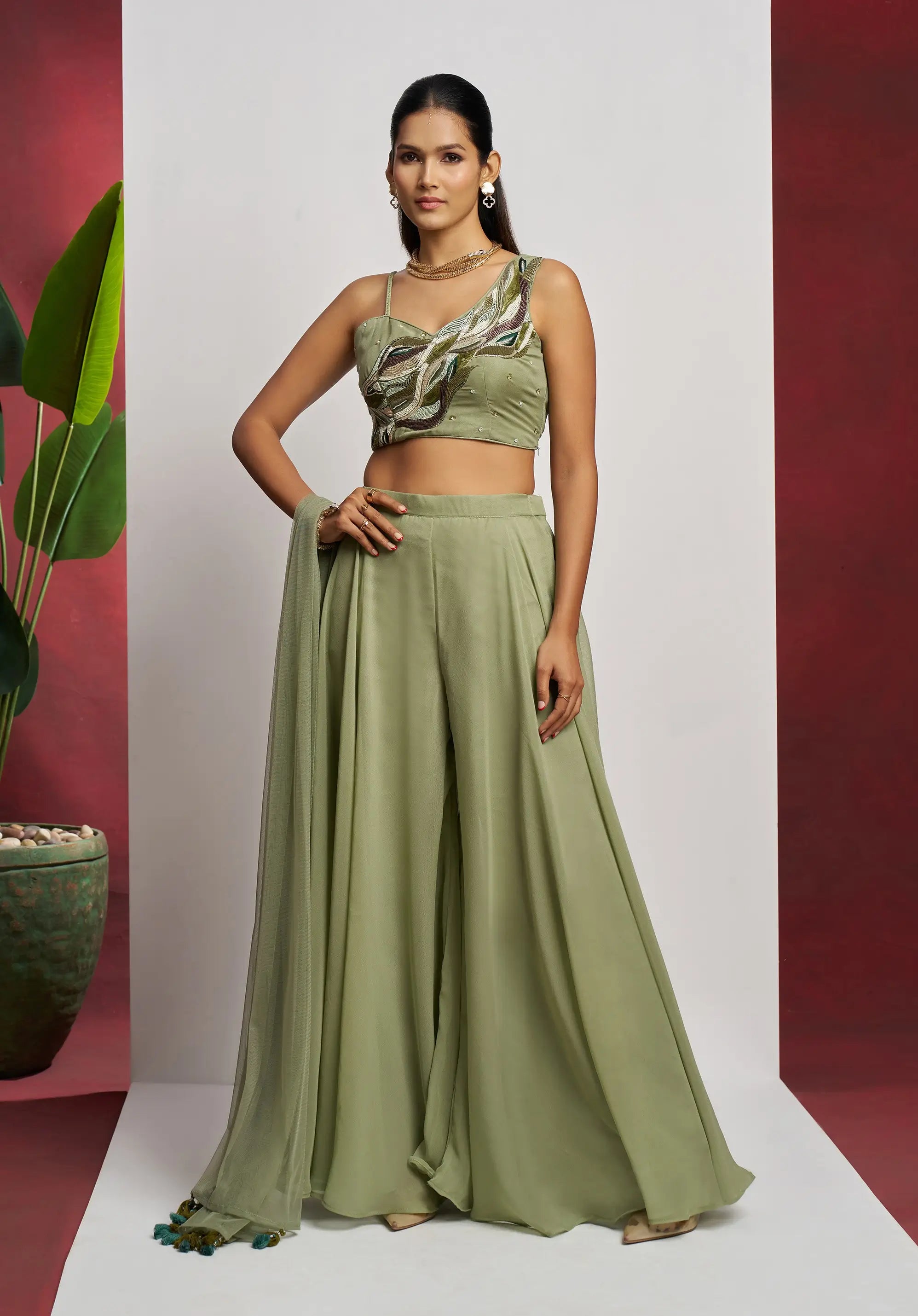 Party wear Light Olive Green Hand Work Indo Western Sharara Set With Dupatta - qivii