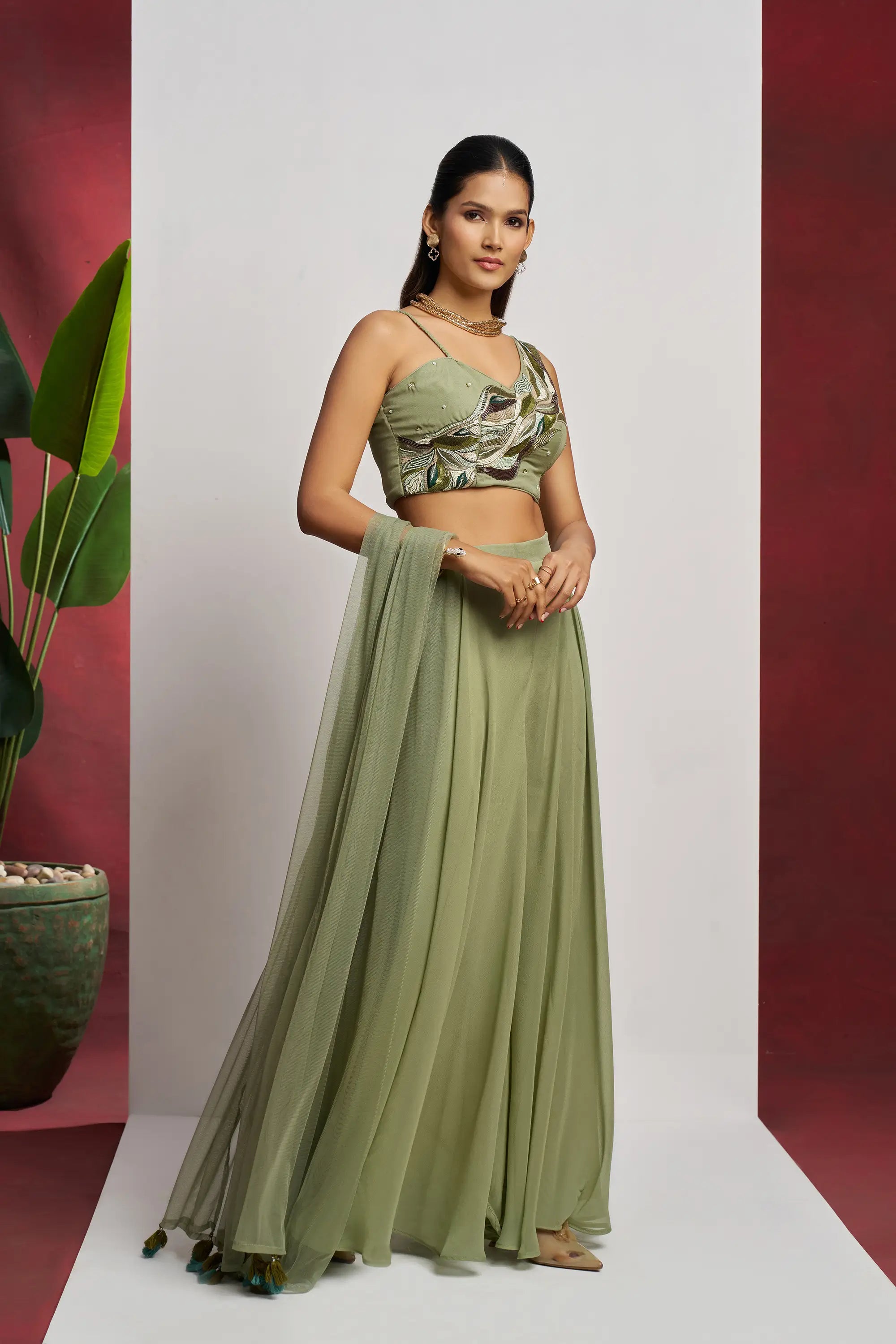 Party wear Light Olive Green Hand Work Indo Western Sharara Set With Dupatta - qivii