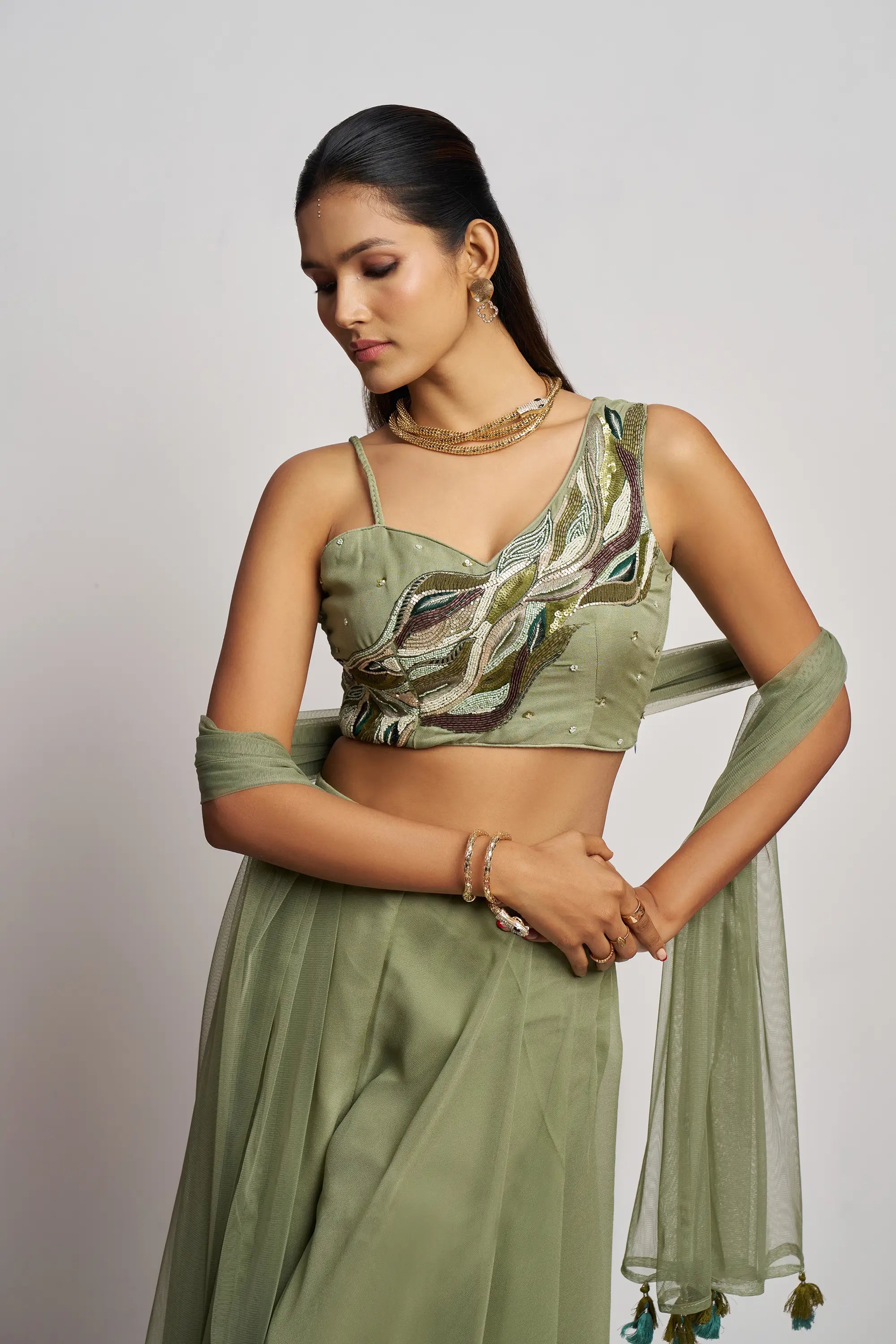 Party wear Light Olive Green Hand Work Indo Western Sharara Set With Dupatta - qivii