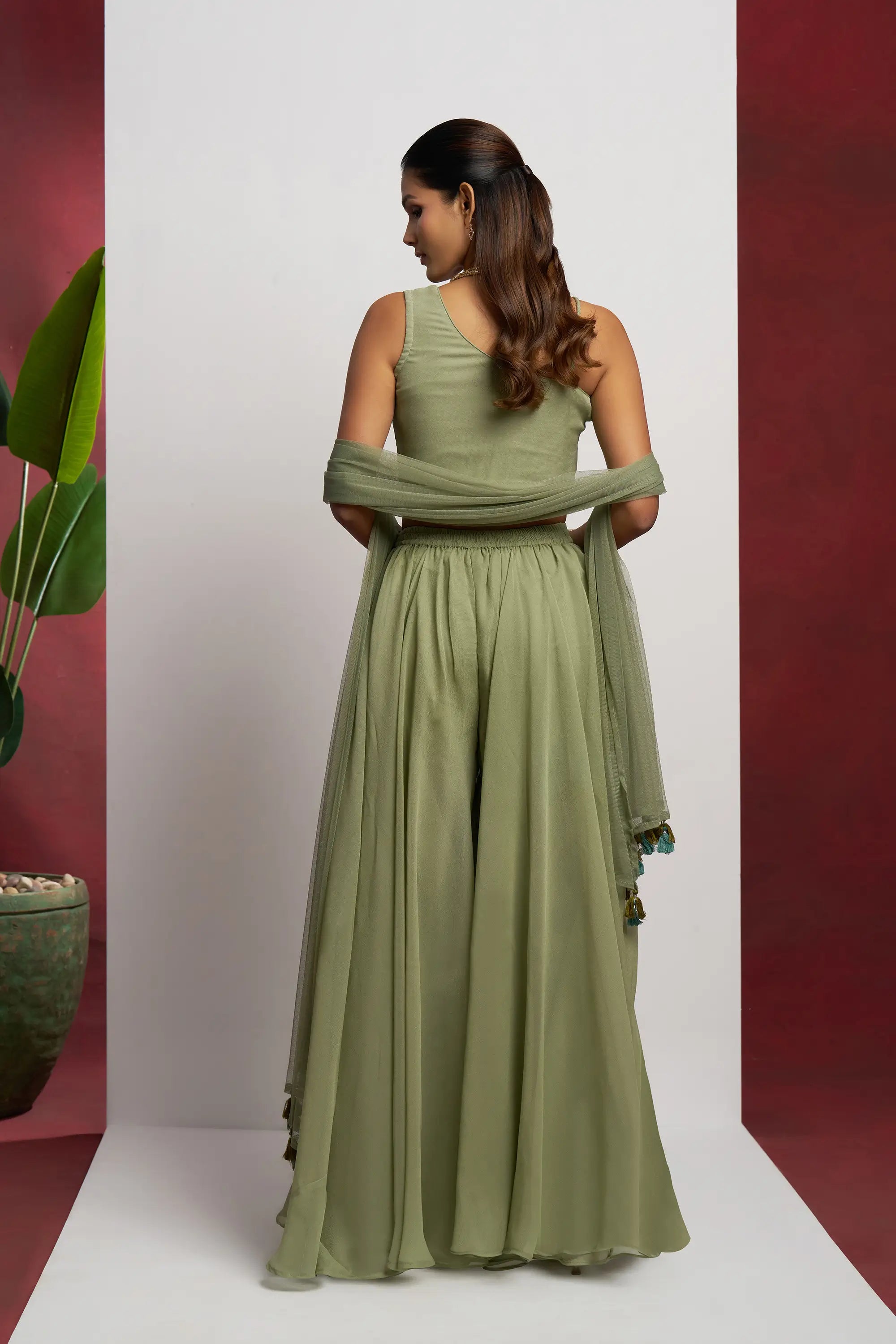 Party wear Light Olive Green Hand Work Indo Western Sharara Set With Dupatta - qivii