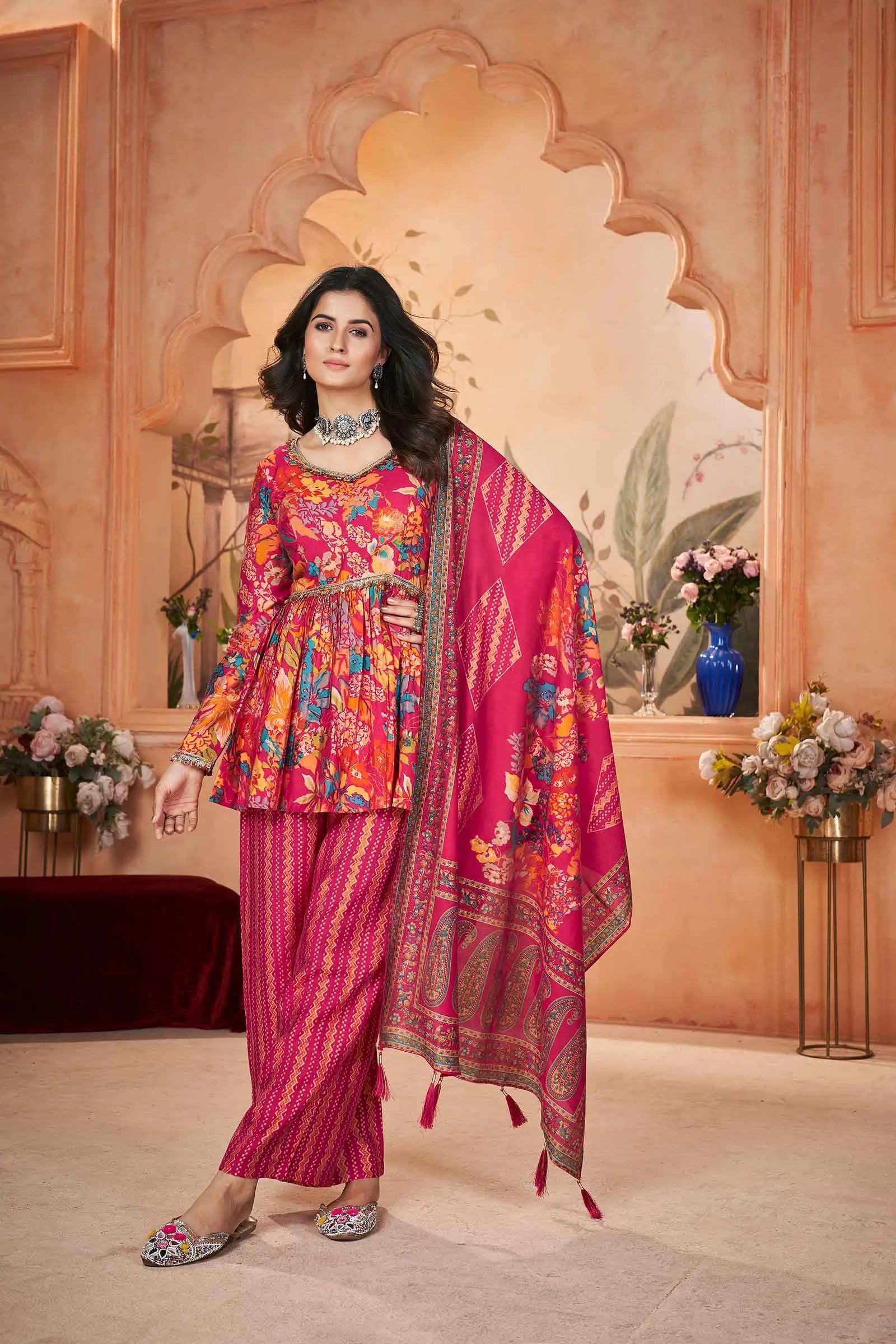 Rani Pink Digital Floral Print Silk Salwar Suit - qivii