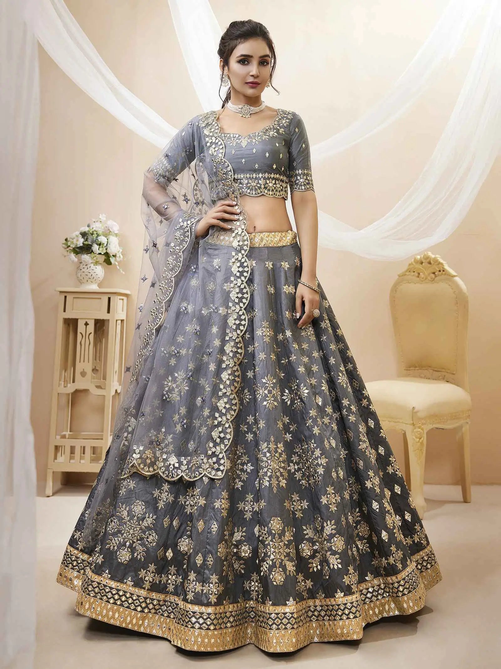 Grey Art Silk lehenga With Sequins Zari Embroidered Work | Ready To Wear - qivii