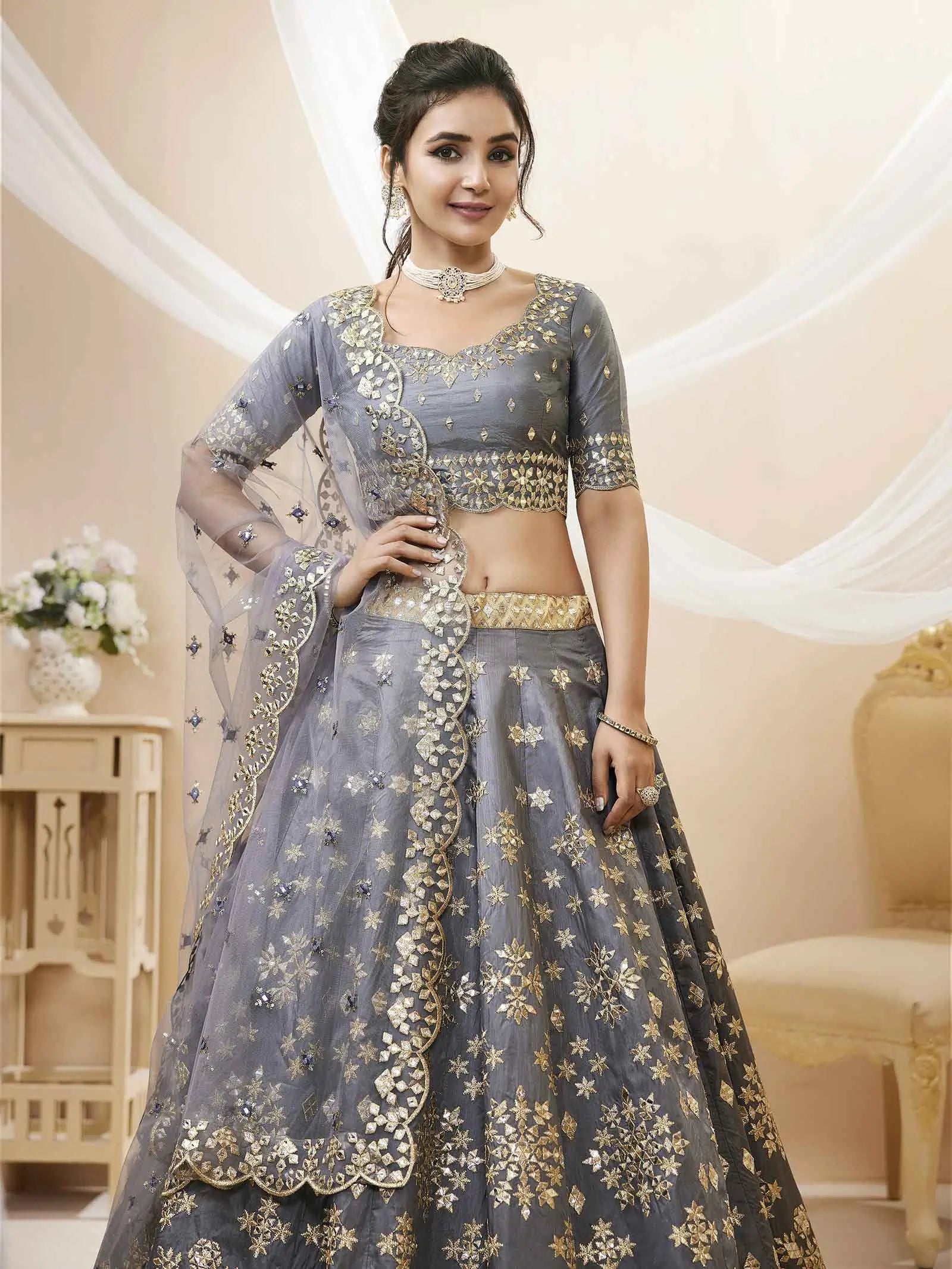 Grey Art Silk lehenga With Sequins Zari Embroidered Work | Ready To Wear - qivii