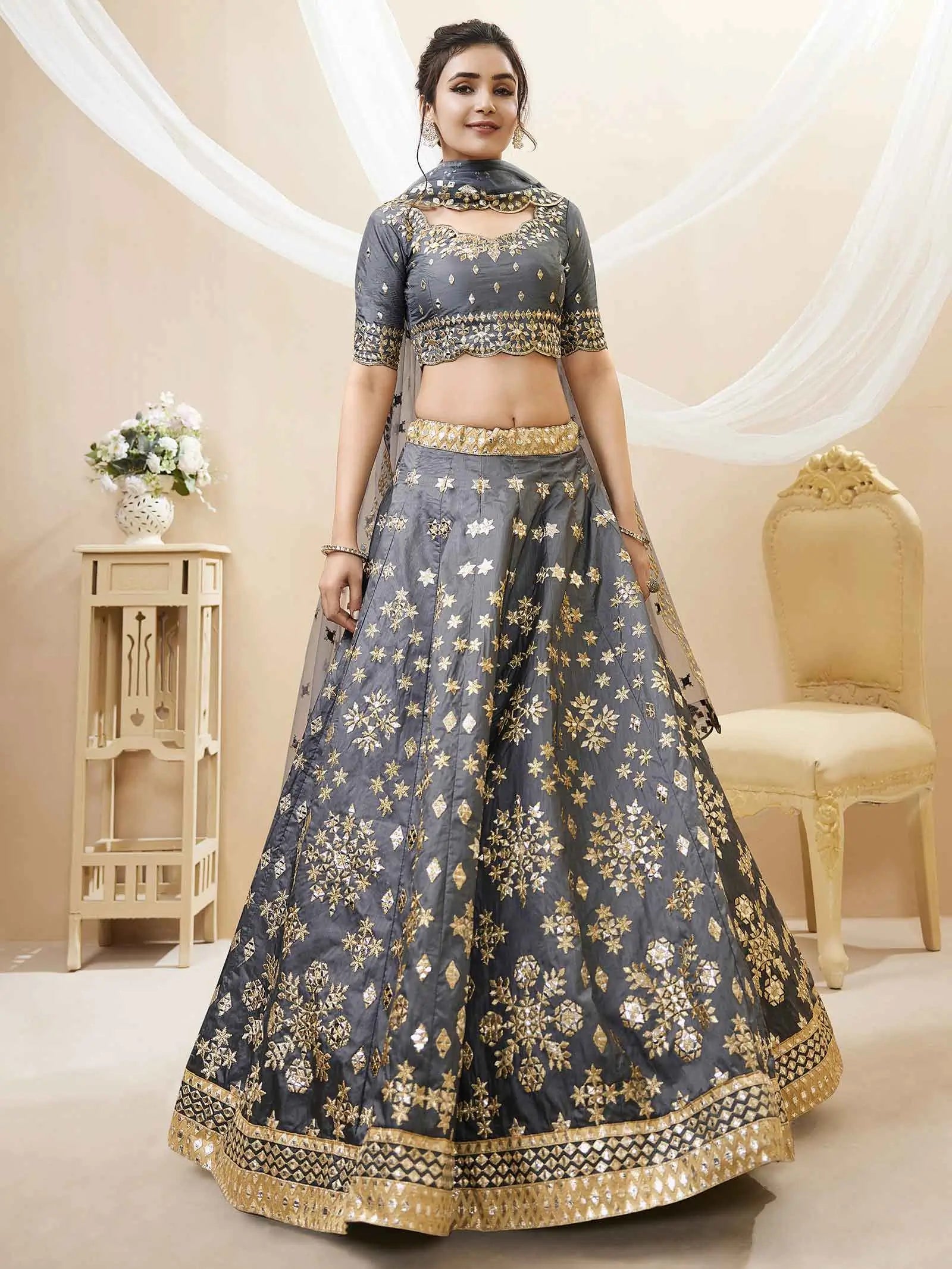 Grey Art Silk lehenga With Sequins Zari Embroidered Work | Ready To Wear - qivii