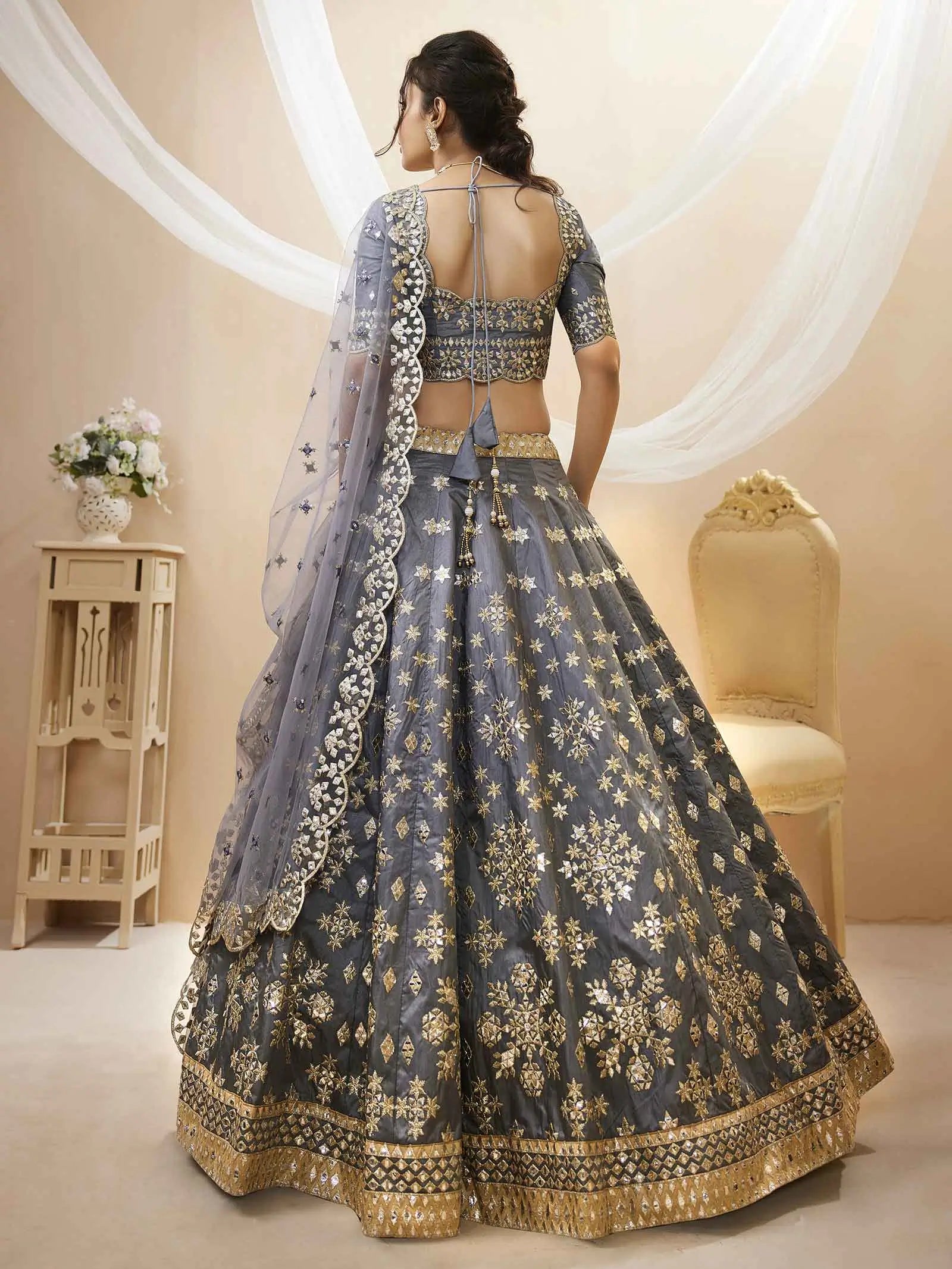 Grey Art Silk lehenga With Sequins Zari Embroidered Work | Ready To Wear - qivii
