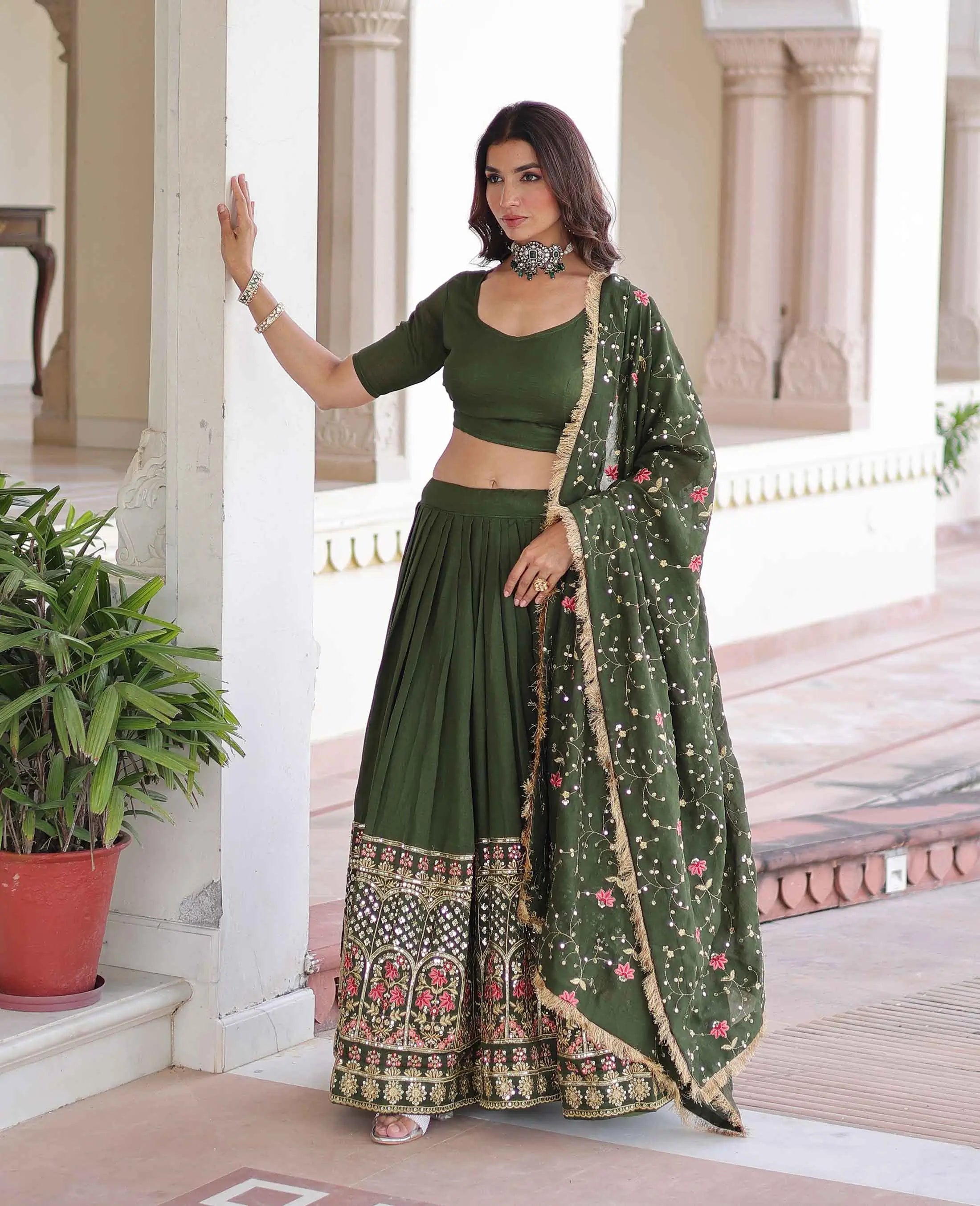 Dark Green Lehenga Choli With Multi Embroidery Work