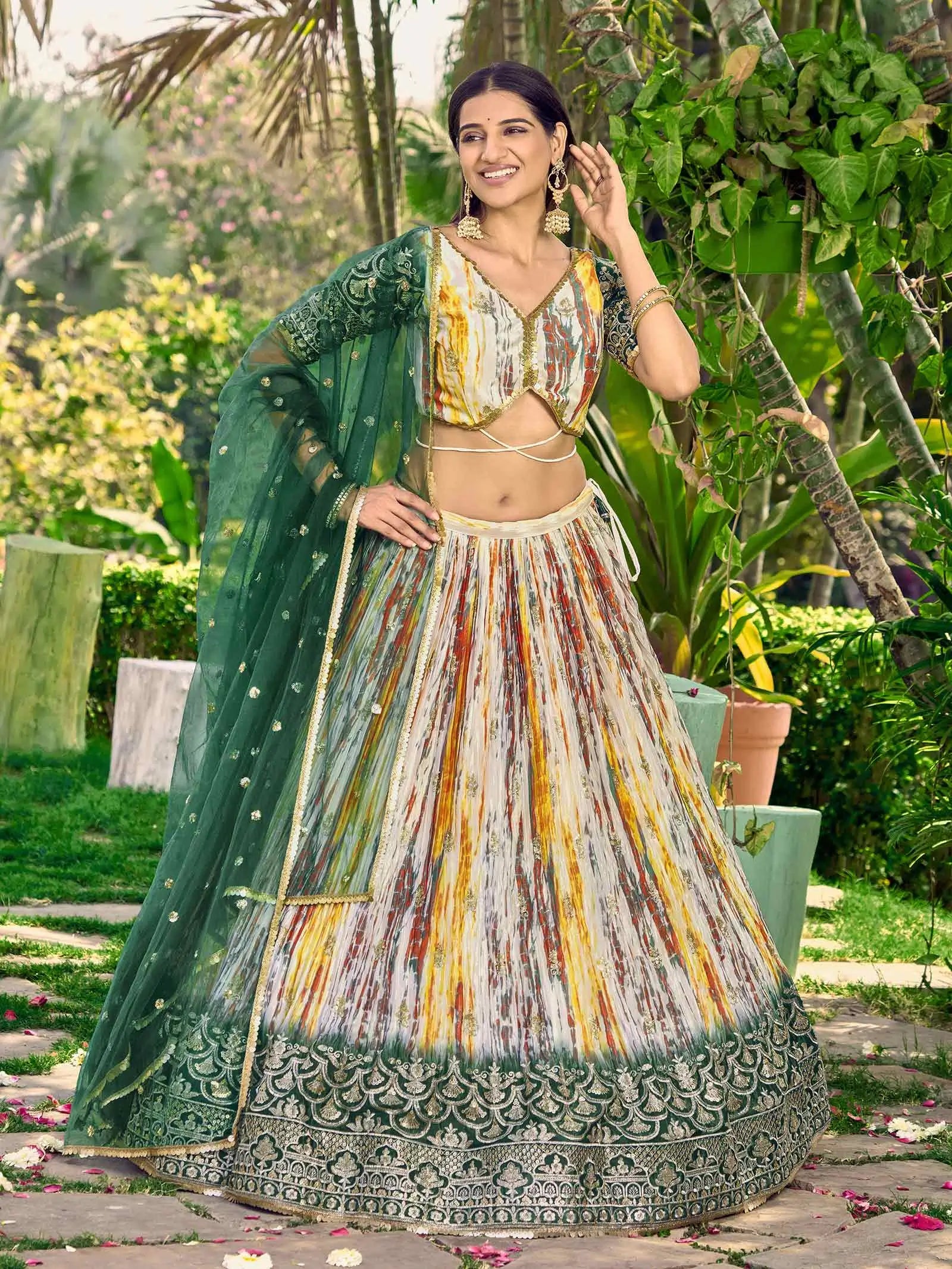 Designer Green Lehenga With Sequins Zari Embroidery Work With Digital Print | Ready To Wear - qivii