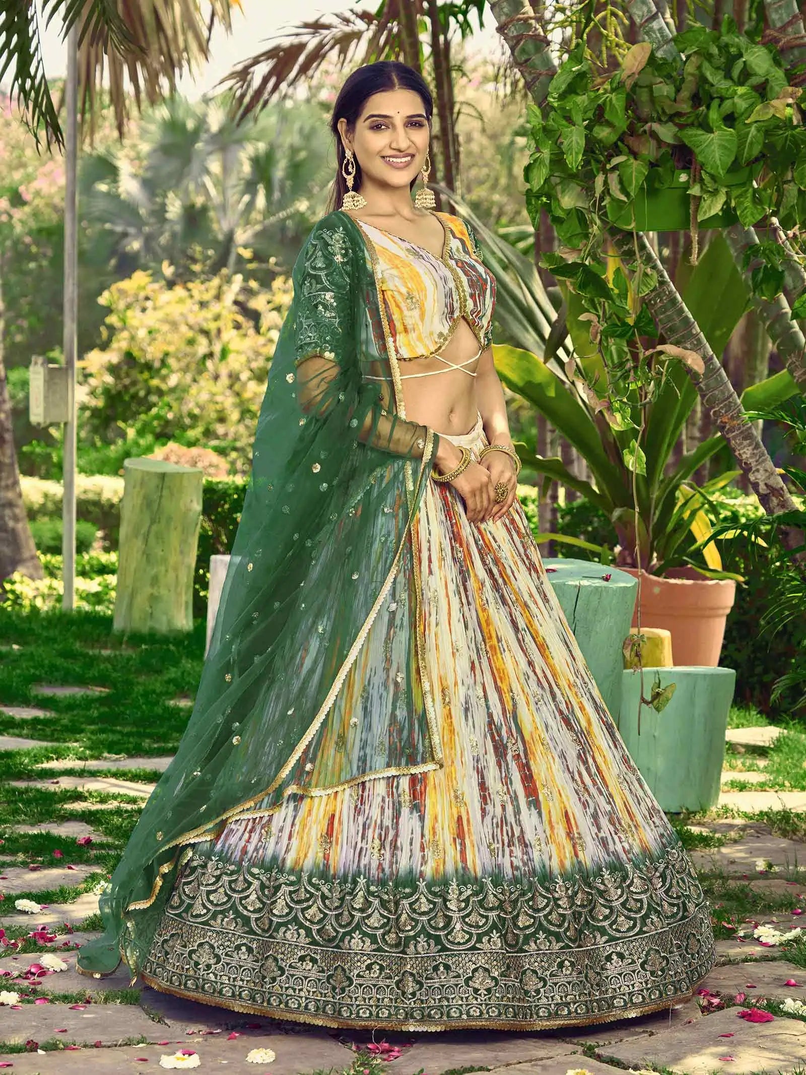 Designer Green Lehenga With Sequins Zari Embroidery Work With Digital Print | Ready To Wear - qivii