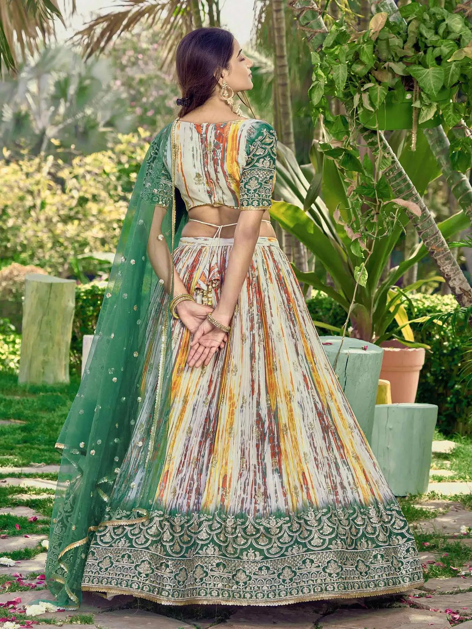 Designer Green Lehenga With Sequins Zari Embroidery Work With Digital Print | Ready To Wear - qivii