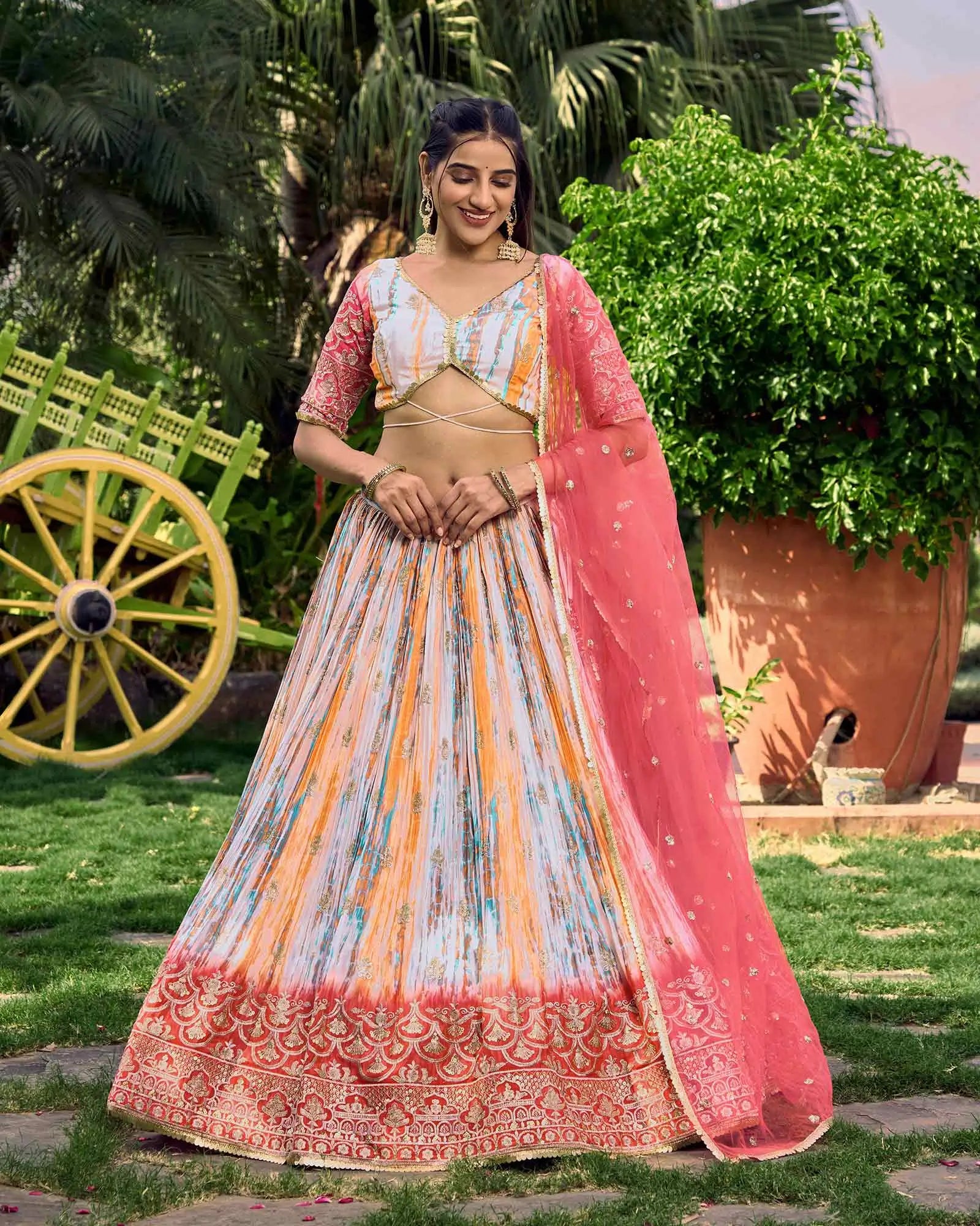 Pink With Multi Color Lehenga With Sequins Zari Embroidery Work With Digital Print | Ready To Wear - qivii