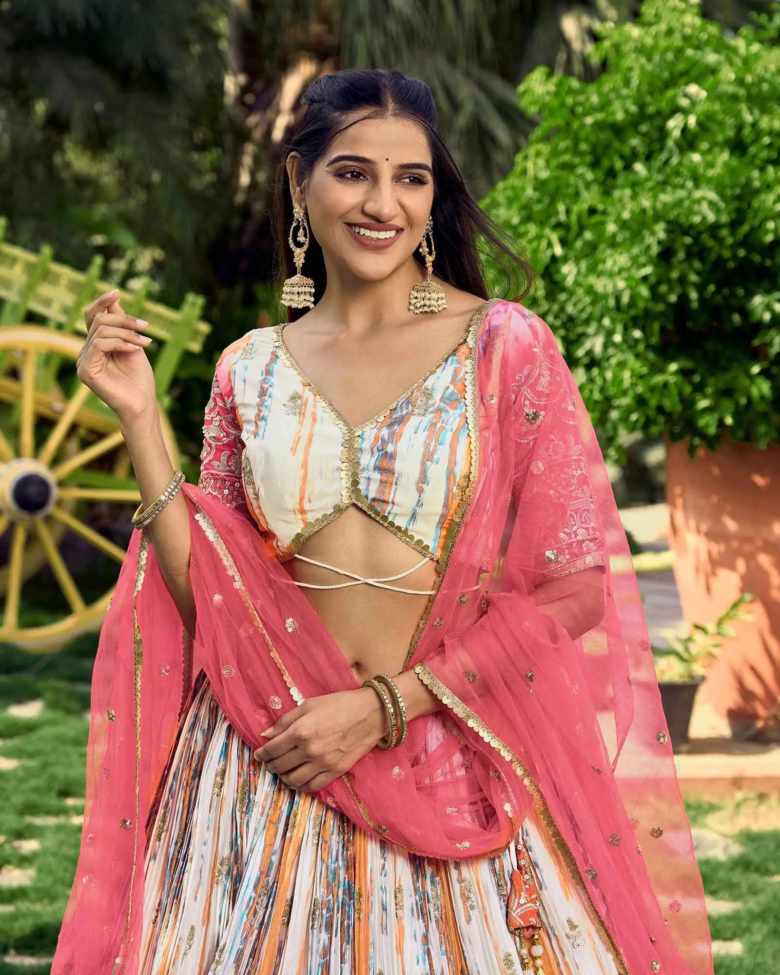 Pink With Multi Color Lehenga With Sequins Zari Embroidery Work With Digital Print | Ready To Wear - qivii