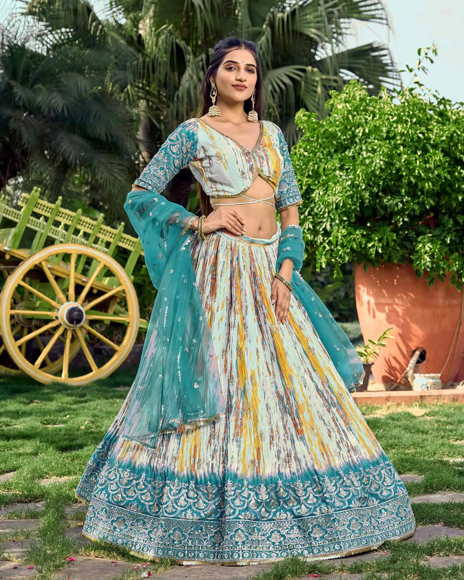 Designer Sea Blue Lehenga With Sequins Zari Embroidery Work With Digital Print | Ready To Wear - qivii