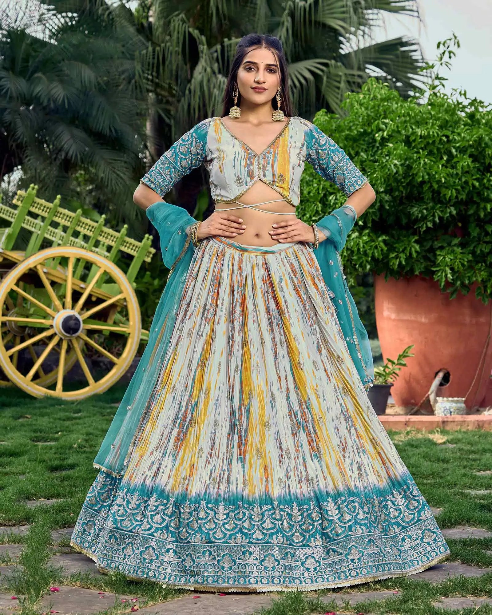Designer Sea Blue Lehenga With Sequins Zari Embroidery Work With Digital Print | Ready To Wear - qivii