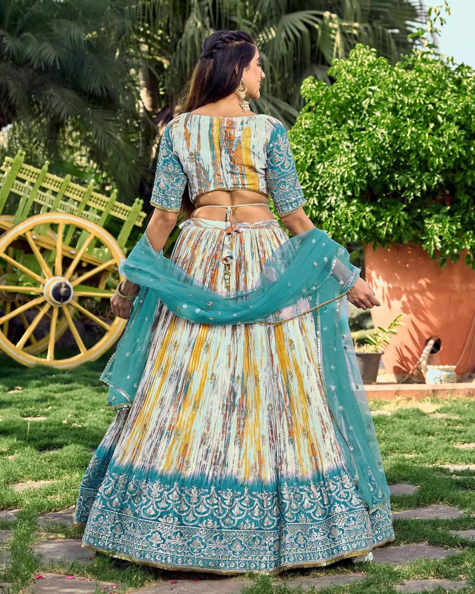 Designer Sea Blue Lehenga With Sequins Zari Embroidery Work With Digital Print | Ready To Wear - qivii
