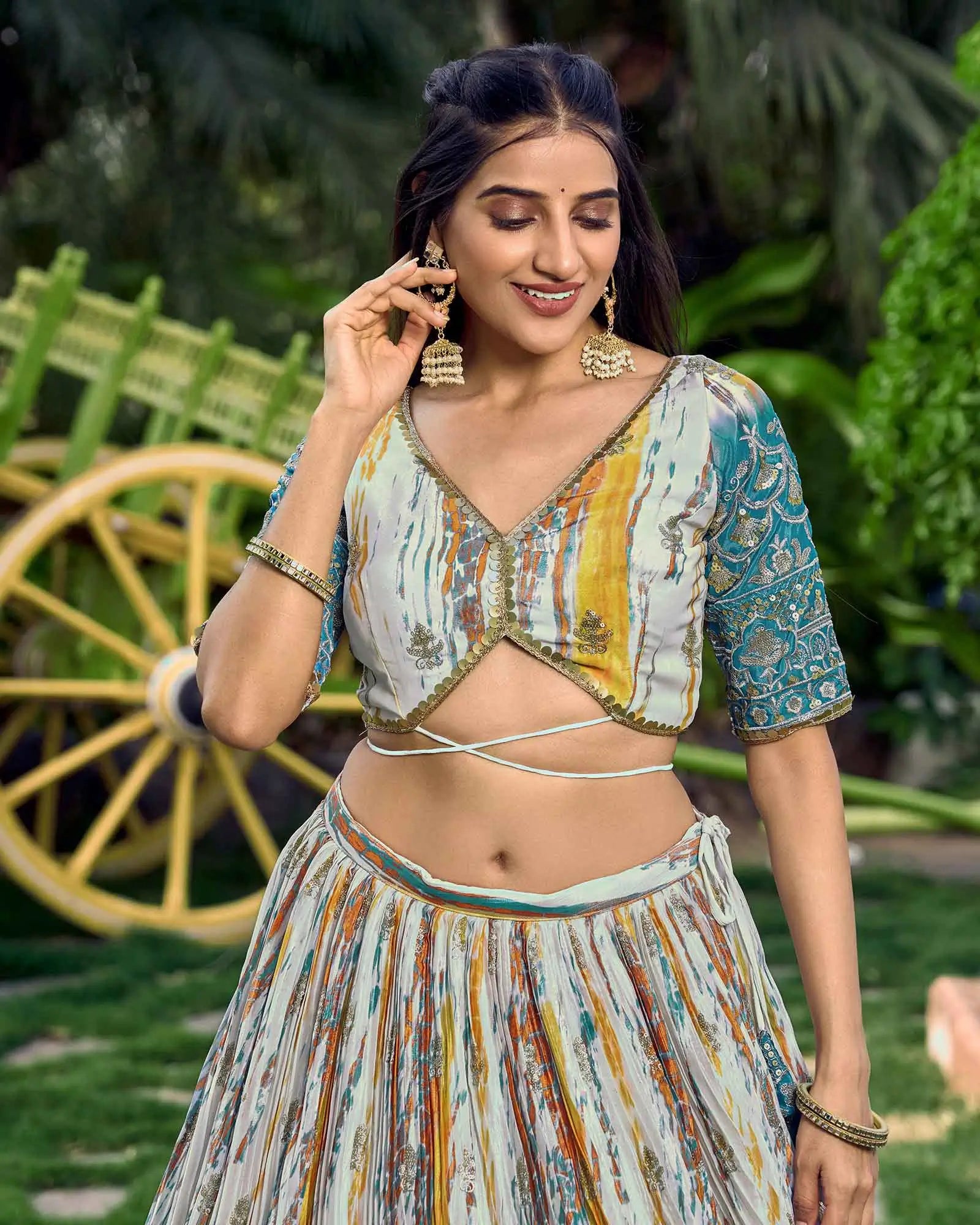 Designer Sea Blue Lehenga With Sequins Zari Embroidery Work With Digital Print | Ready To Wear - qivii