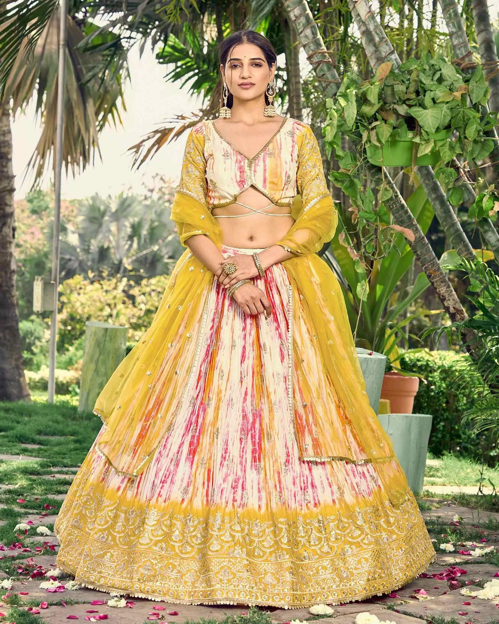 Lightning Yellow Lehenga With Sequins Zari Embroidery Work With Digital Print | Ready To Wear - qivii