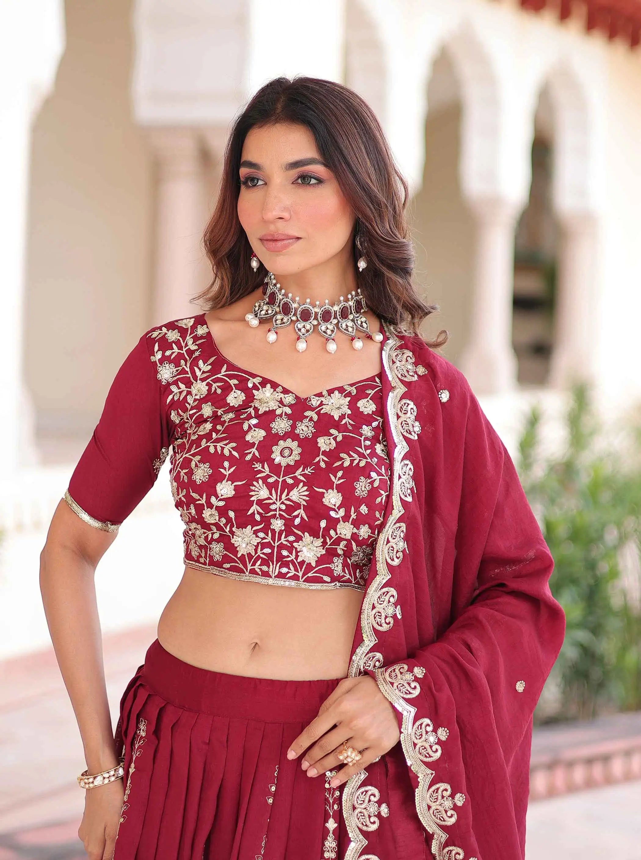 Red Silk Lehenga Choli With Sequins Embroidery Work