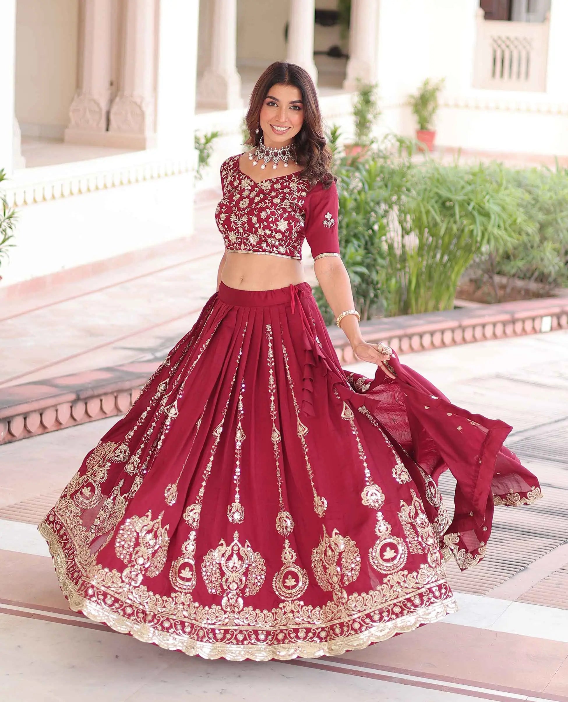 Red Silk Lehenga Choli With Sequins Embroidery Work