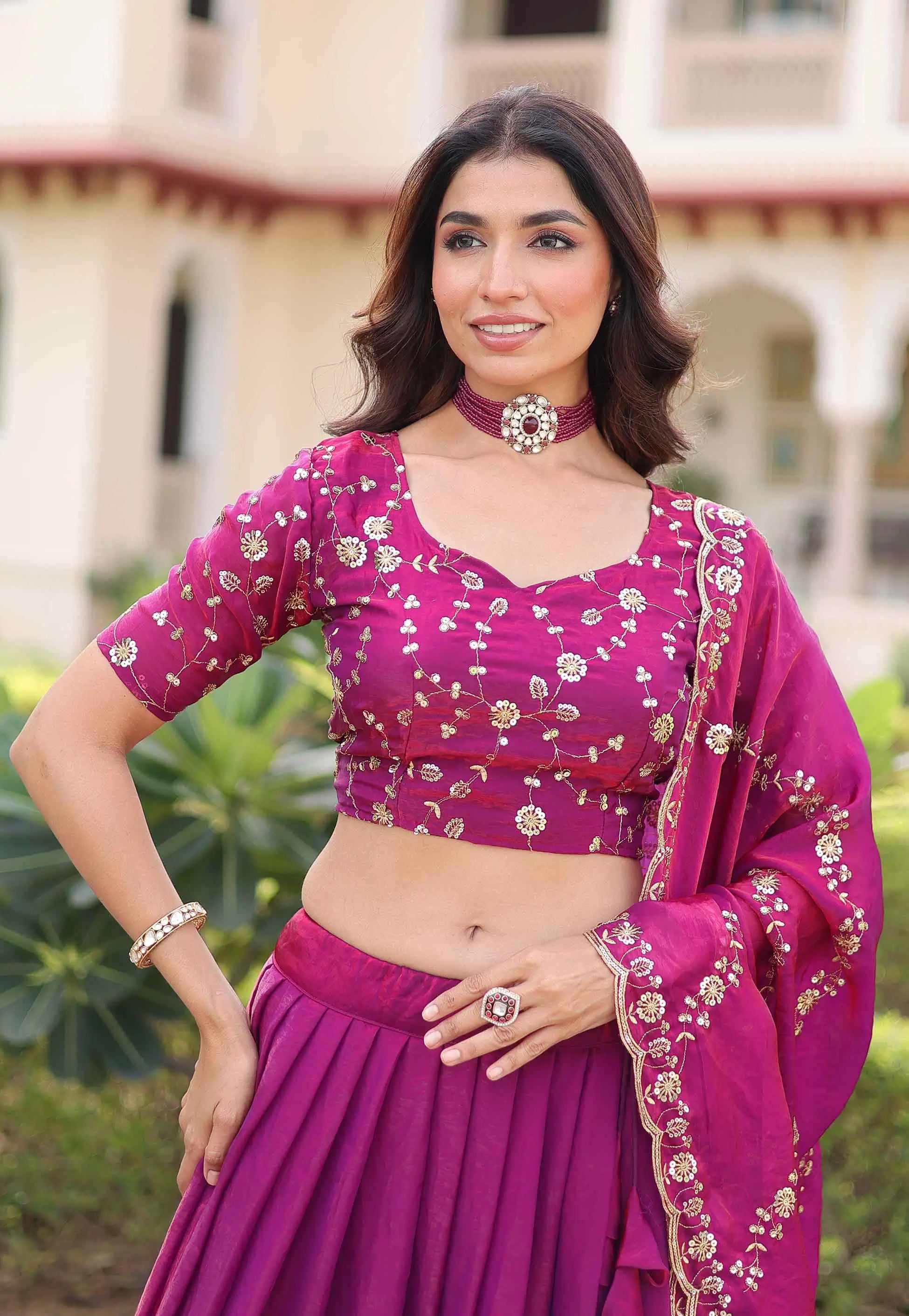 Shiny Pink Embroidery Sequins Work Lehenga Choli