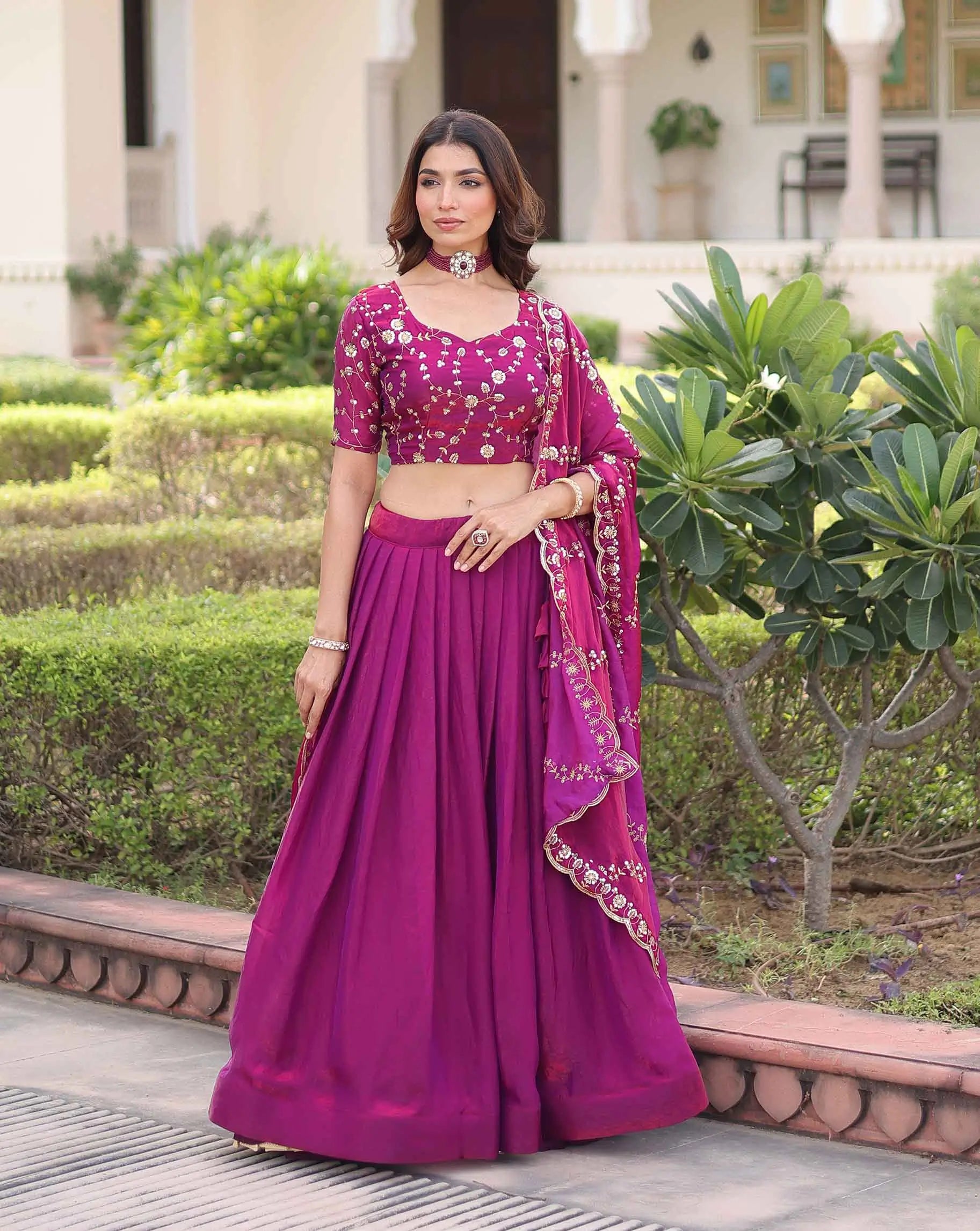 Shiny Pink Embroidery Sequins Work Lehenga Choli