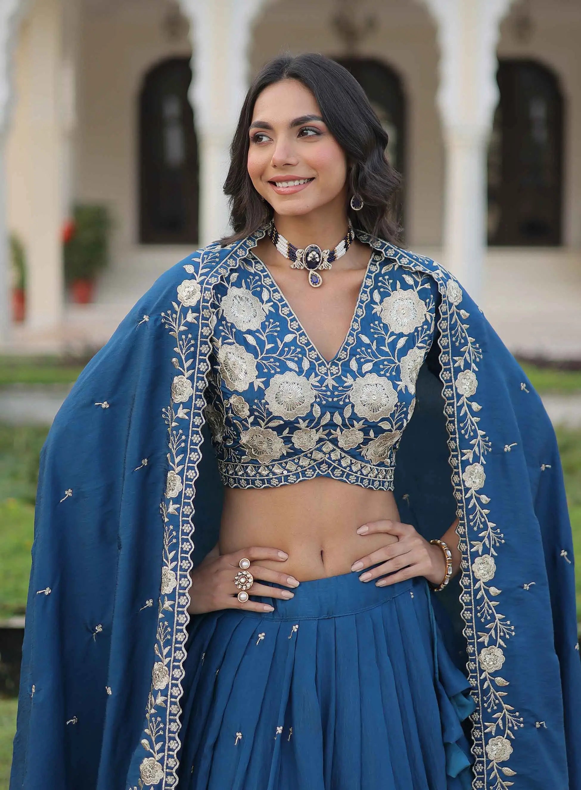 Muted Blue Embroidery Sequins Work Lehenga Choli