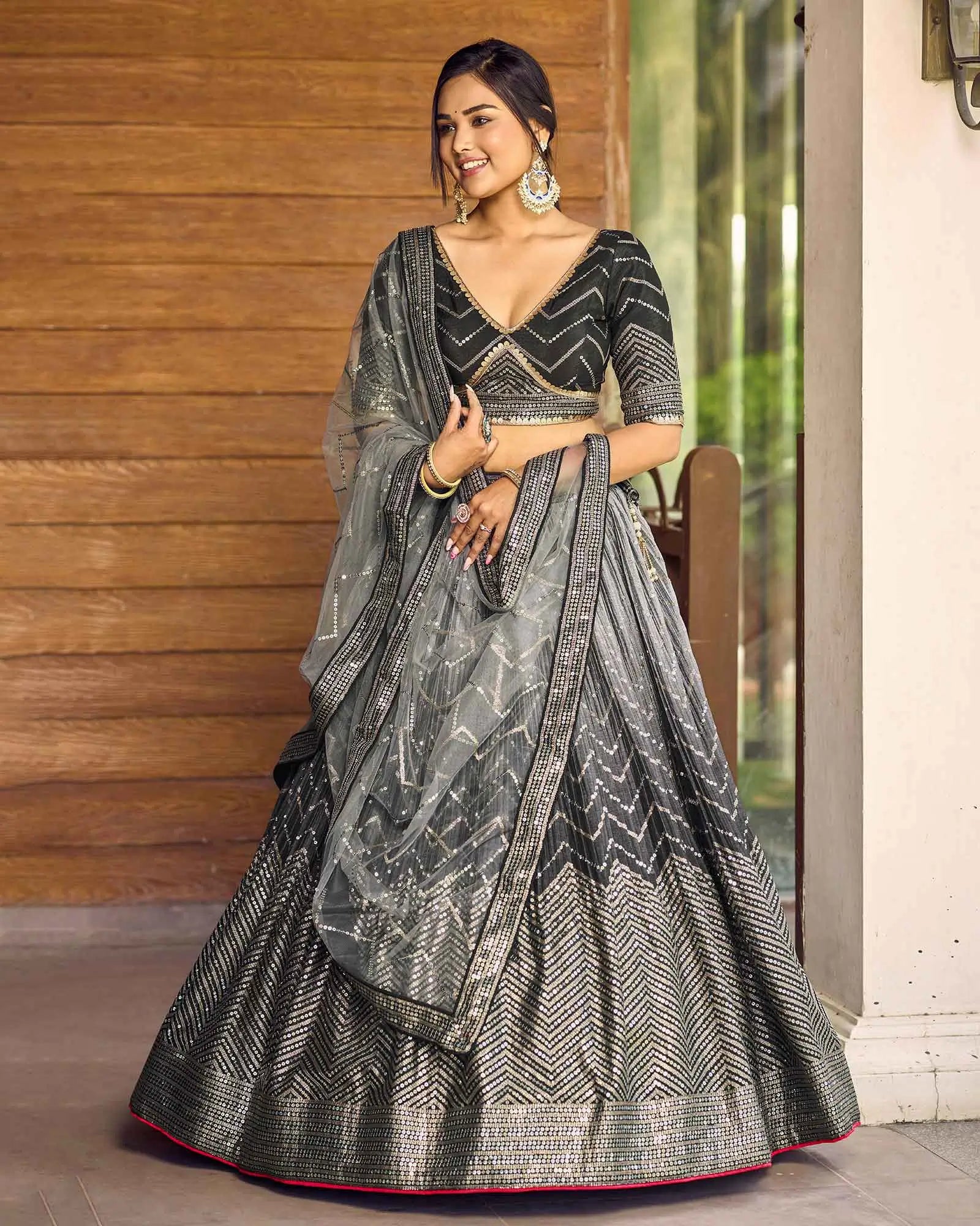 Black And Grey Lehenga Choli With Thread And Sequins Embroidery Work | Ready To Wear - qivii