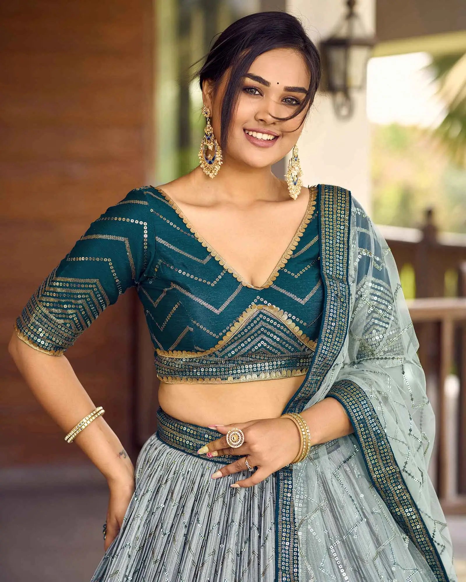 Light Blue Grey Lehenga Choli With Thread And Sequins Embroidery Work | Ready To Wear - qivii