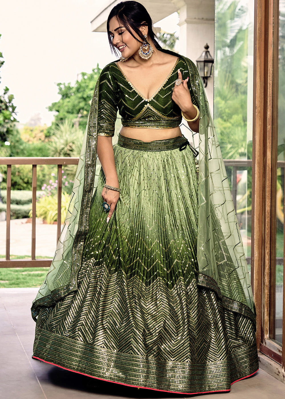 Shades Of Green Soft Net Lehenga Choli with Sequins & Thread Embroidery work | Ready To Wear - qivii