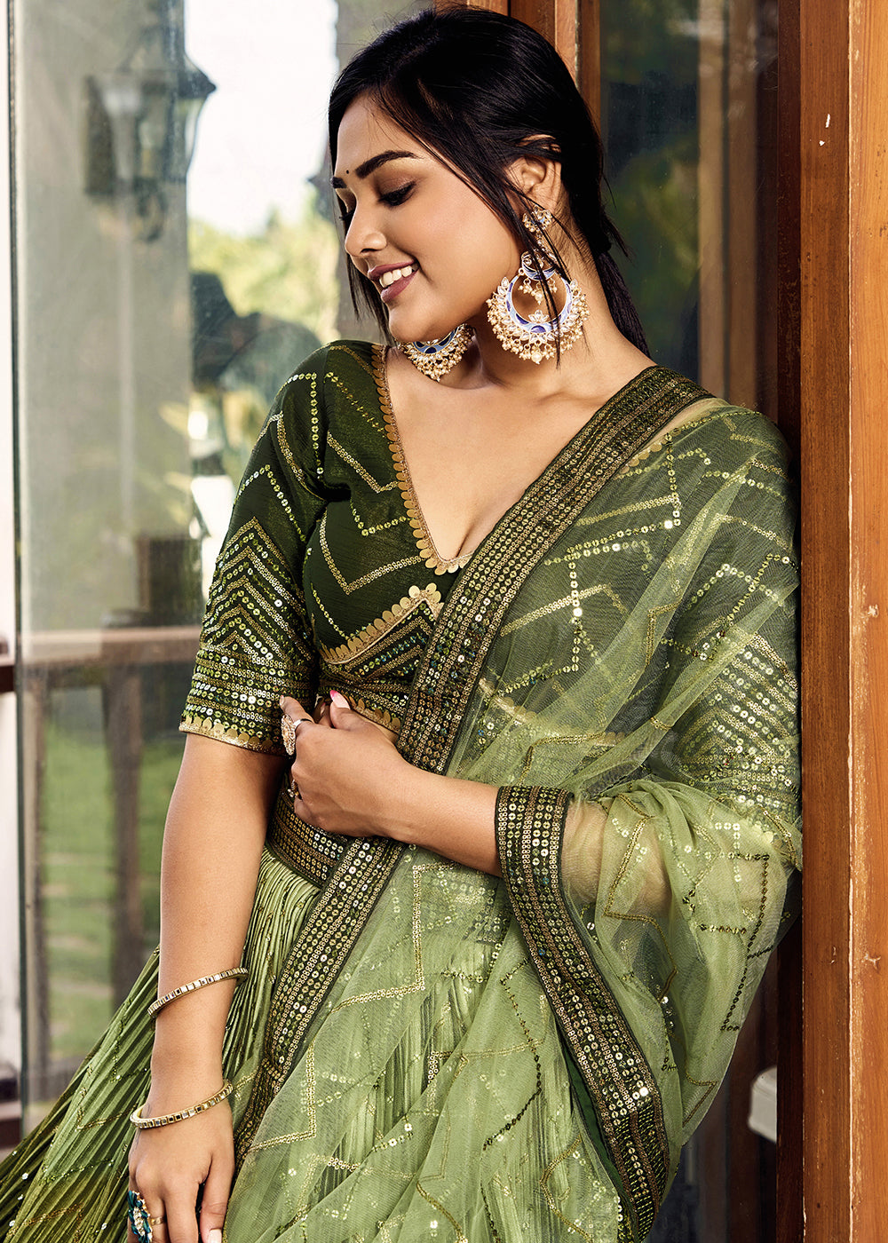 Shades Of Green Soft Net Lehenga Choli with Sequins & Thread Embroidery work | Ready To Wear - qivii