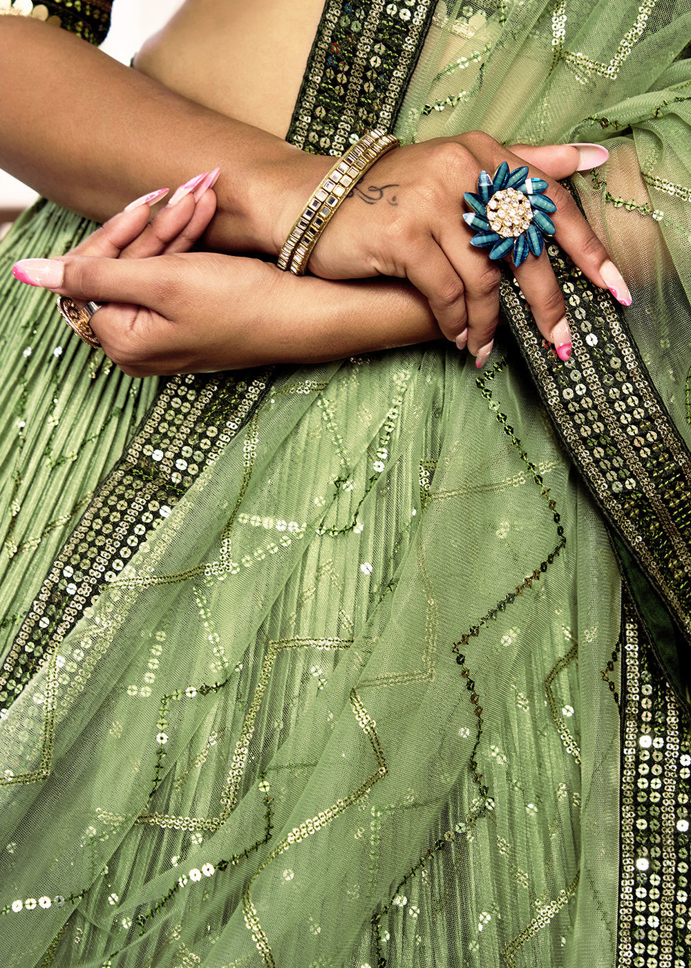 Shades Of Green Soft Net Lehenga Choli with Sequins & Thread Embroidery work | Ready To Wear - qivii