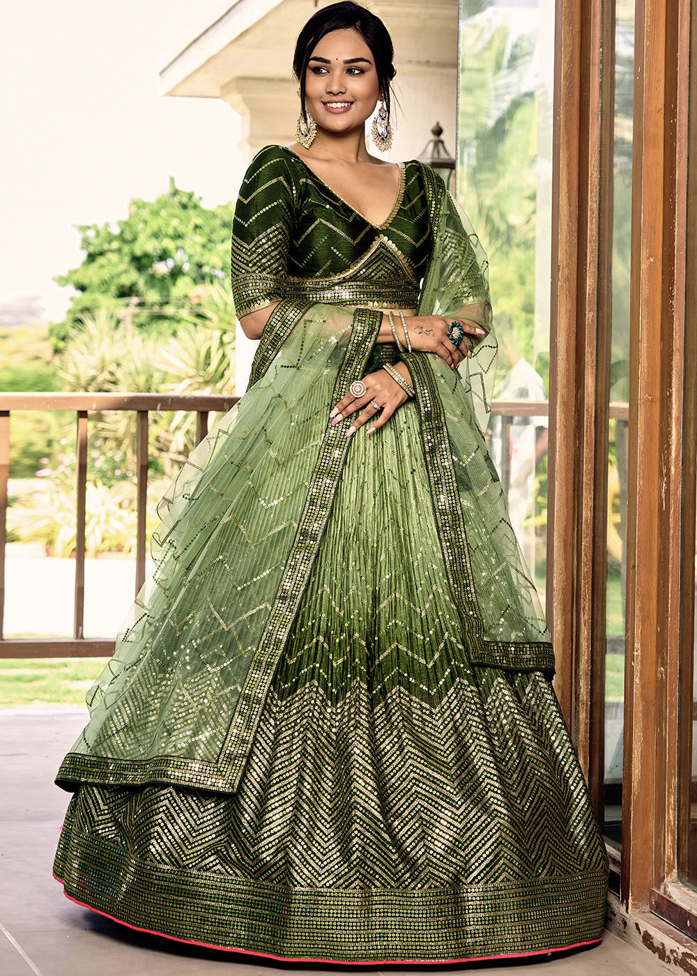 Shades Of Green Soft Net Lehenga Choli with Sequins & Thread Embroidery work | Ready To Wear - qivii