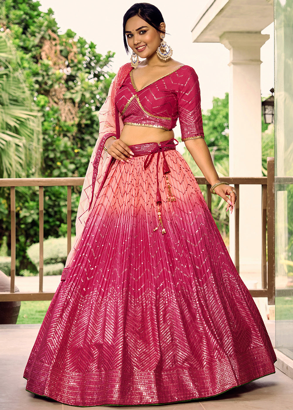 Shades Of Pink Soft Net Lehenga Choli with Sequins & Thread Embroidery work | Ready To Wear - qivii