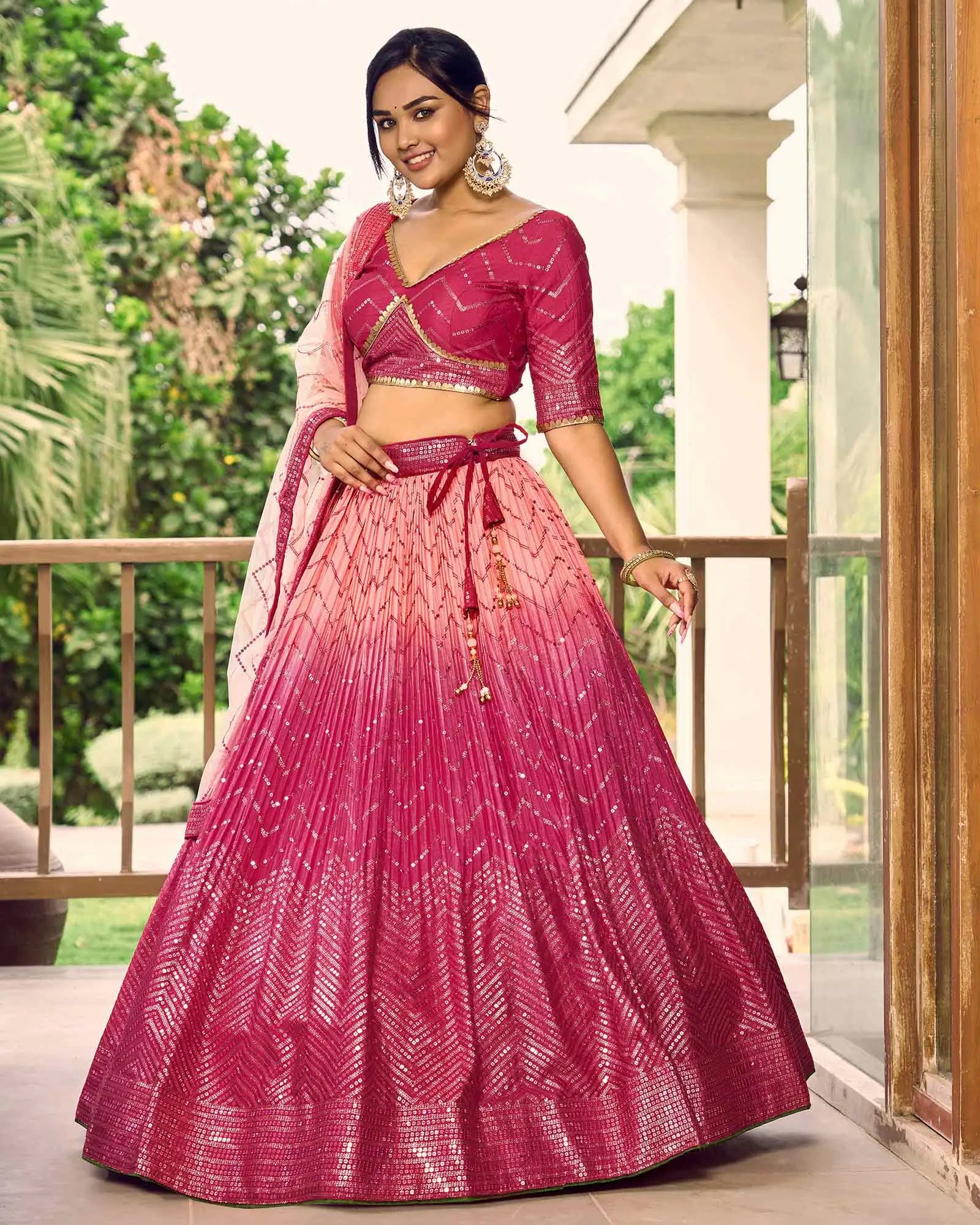Peach And Pink Lehenga Choli With Thread And Sequins Embroidery Work | Ready To Wear - qivii