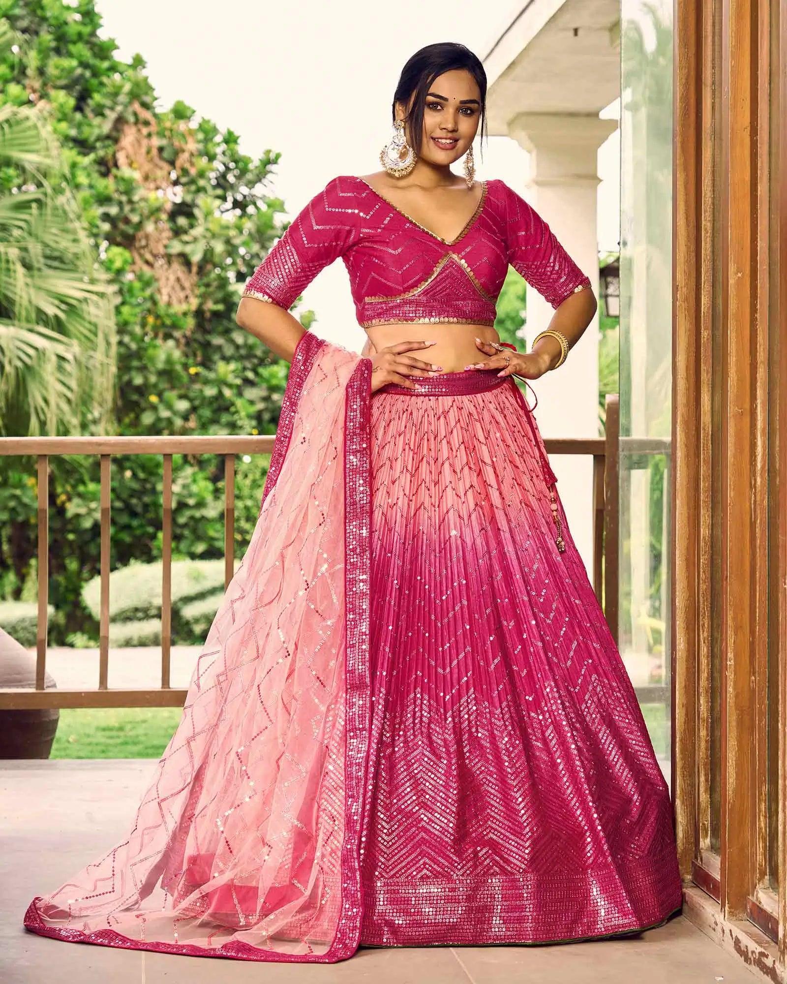 Peach And Pink Lehenga Choli With Thread And Sequins Embroidery Work | Ready To Wear - qivii