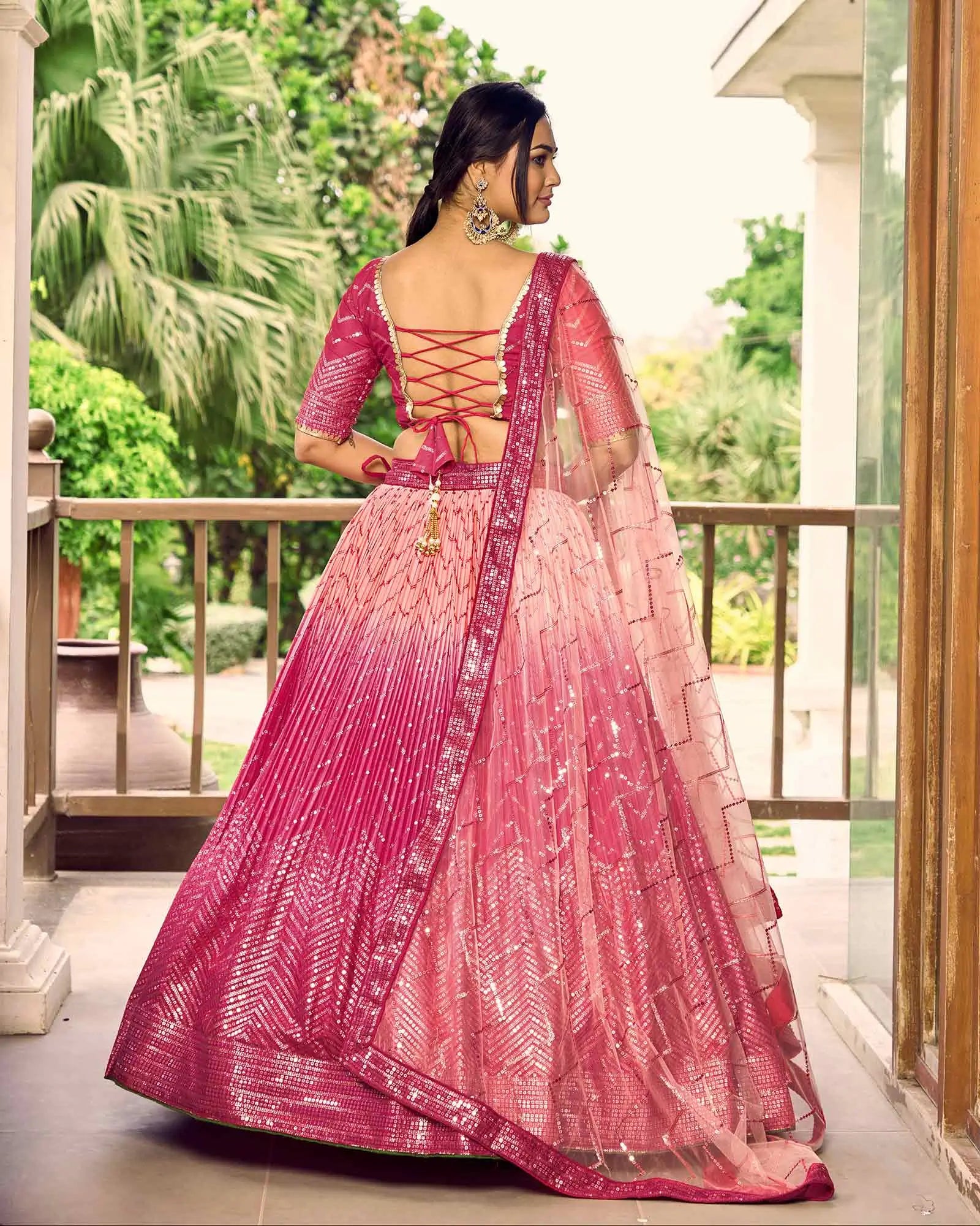 Peach And Pink Lehenga Choli With Thread And Sequins Embroidery Work | Ready To Wear - qivii