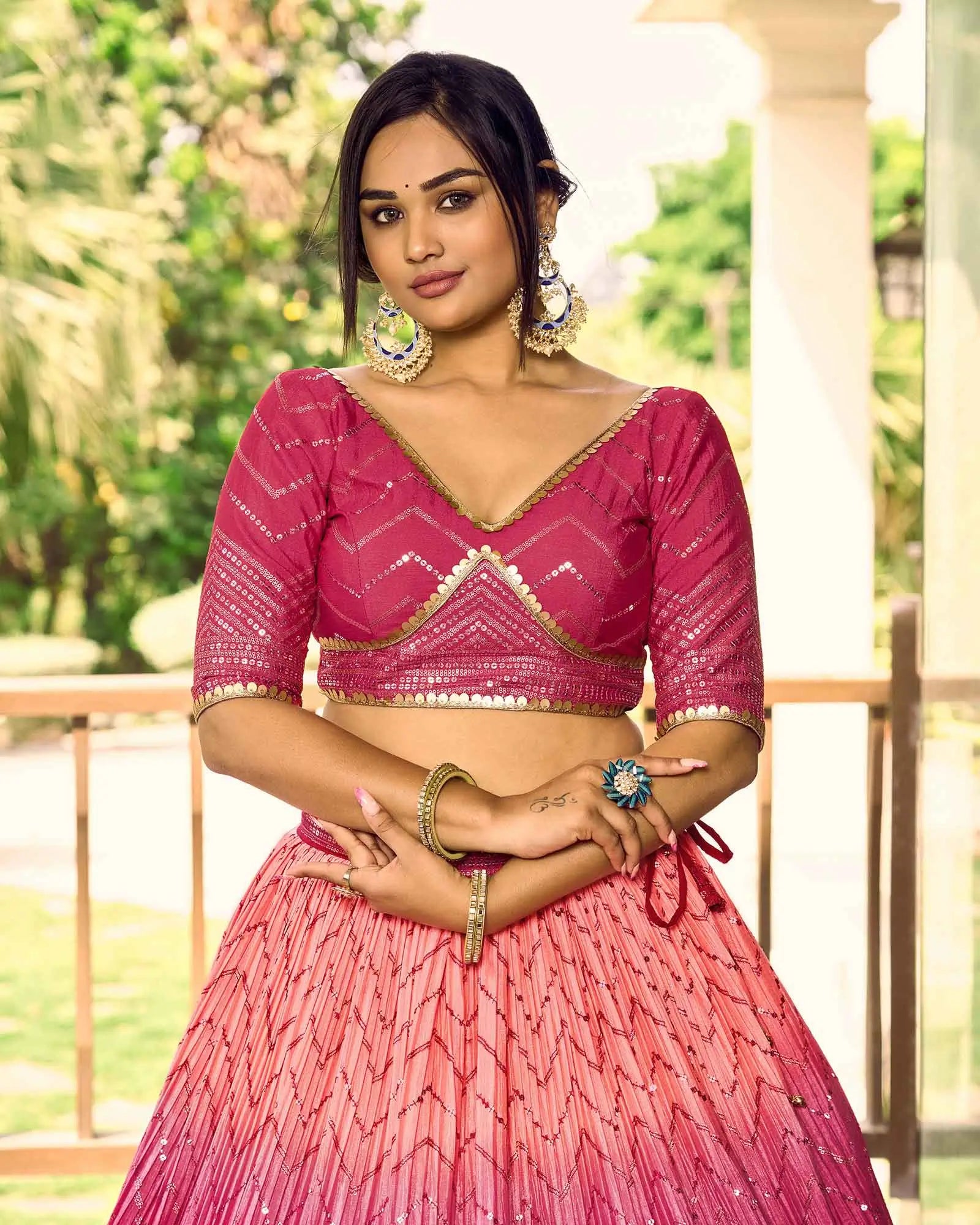 Peach And Pink Lehenga Choli With Thread And Sequins Embroidery Work | Ready To Wear - qivii