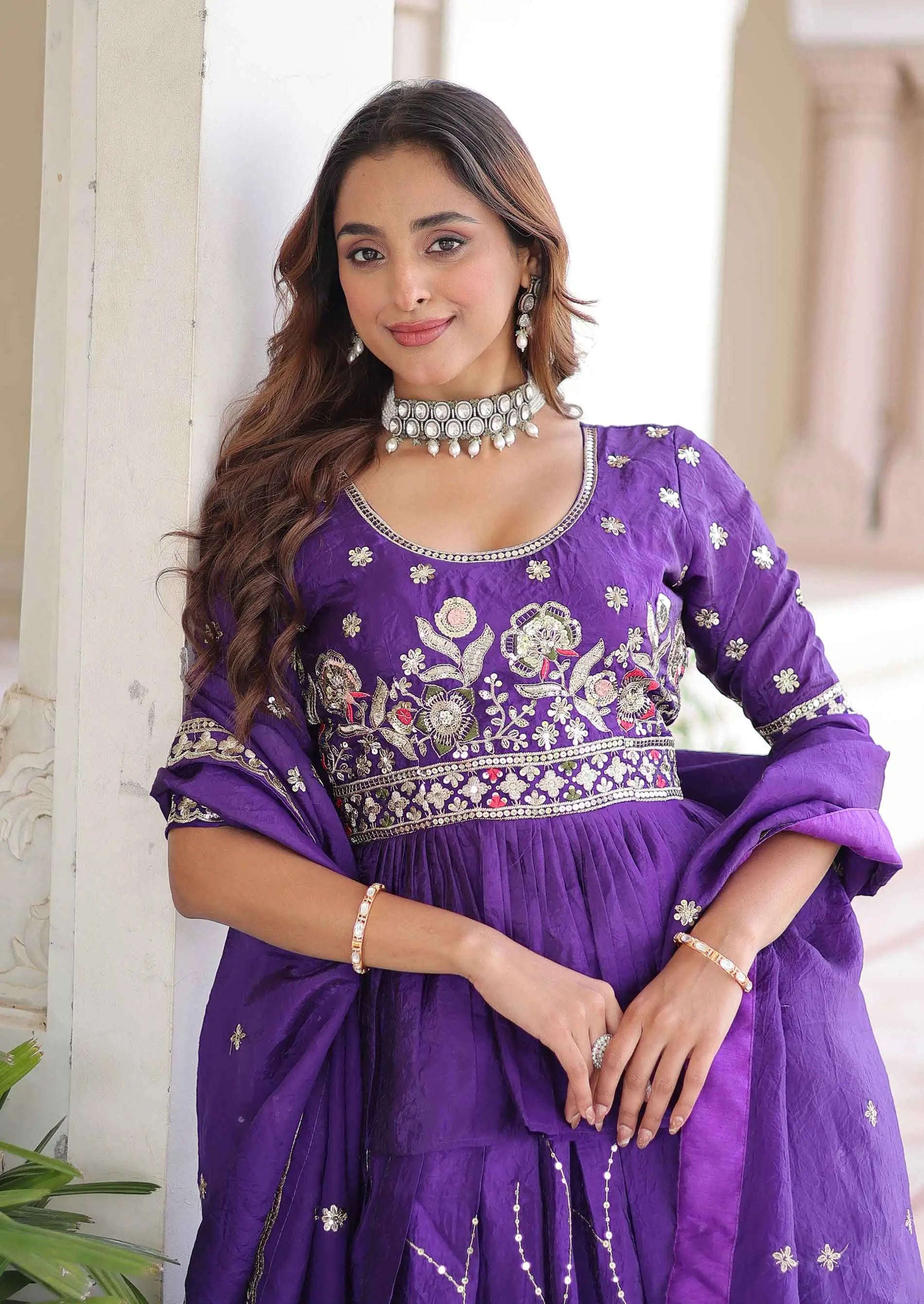 Dark Purple Sequins Embroidery Work Lehenga