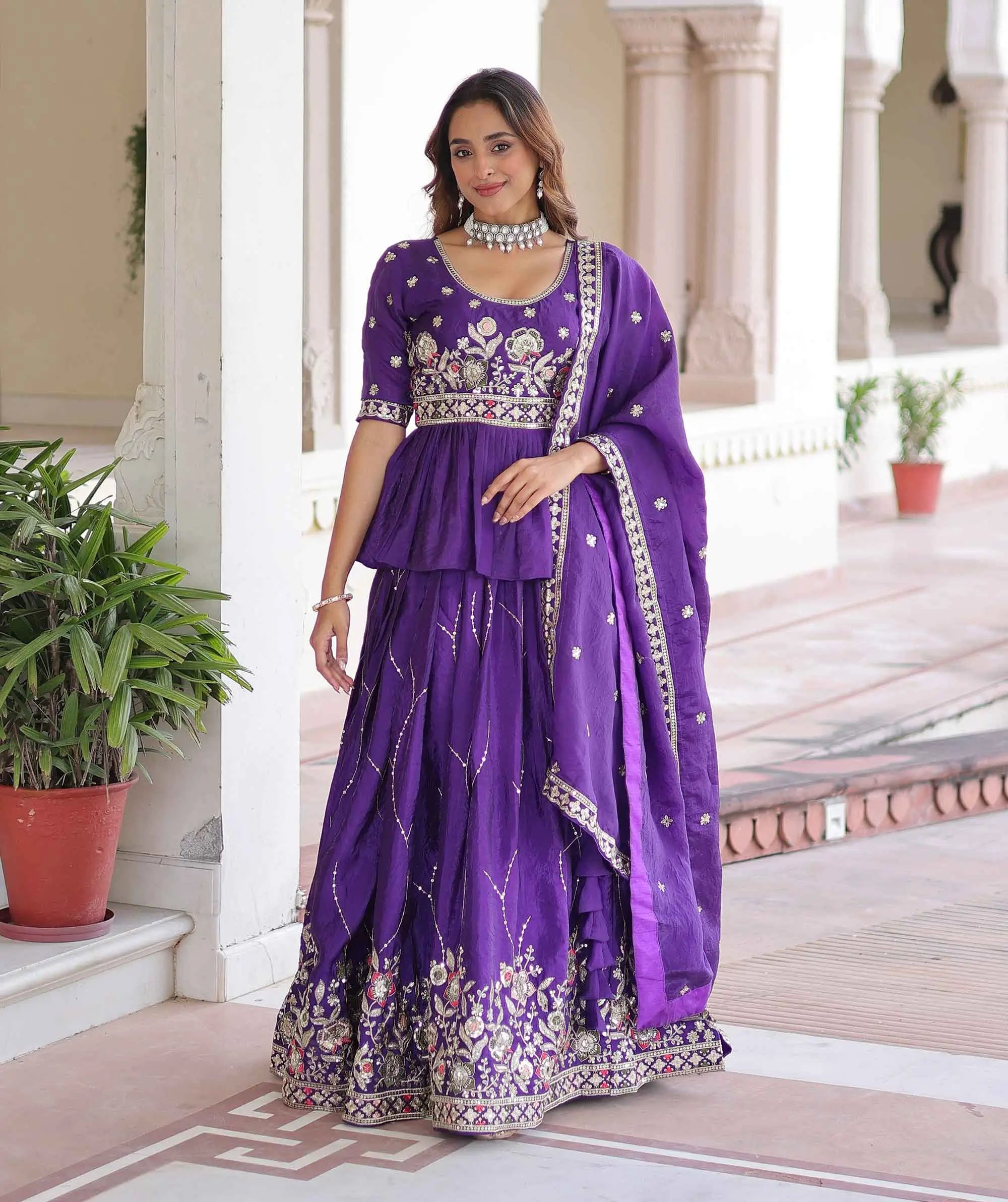 Dark Purple Sequins Embroidery Work Lehenga