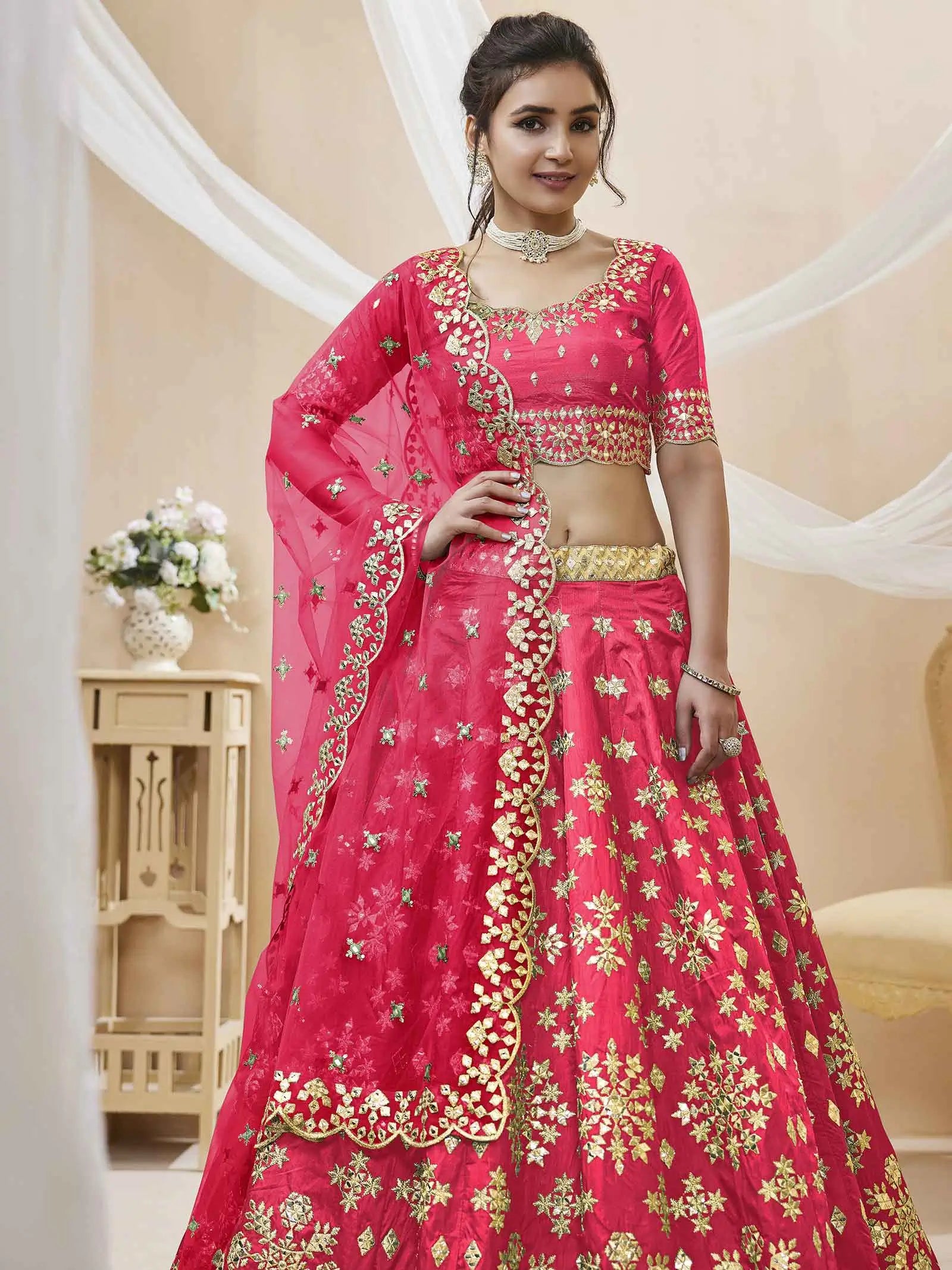 Pink Art Silk lehenga With Sequins Zari Embroidered Work | Ready To Wear - qivii
