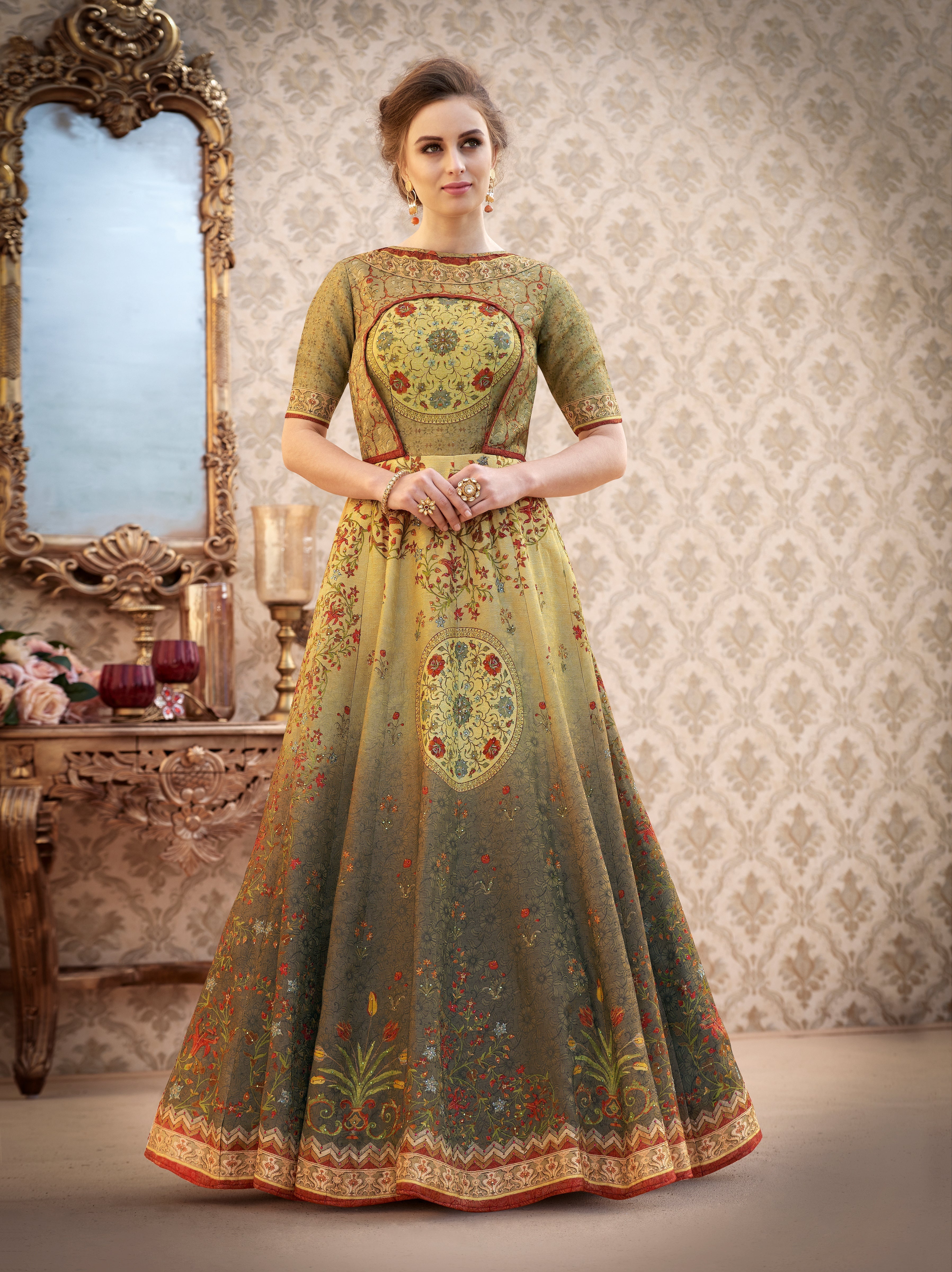 Graceful Grandeur: A Banarasi Jacquard Viscose Silk Gown - qivii